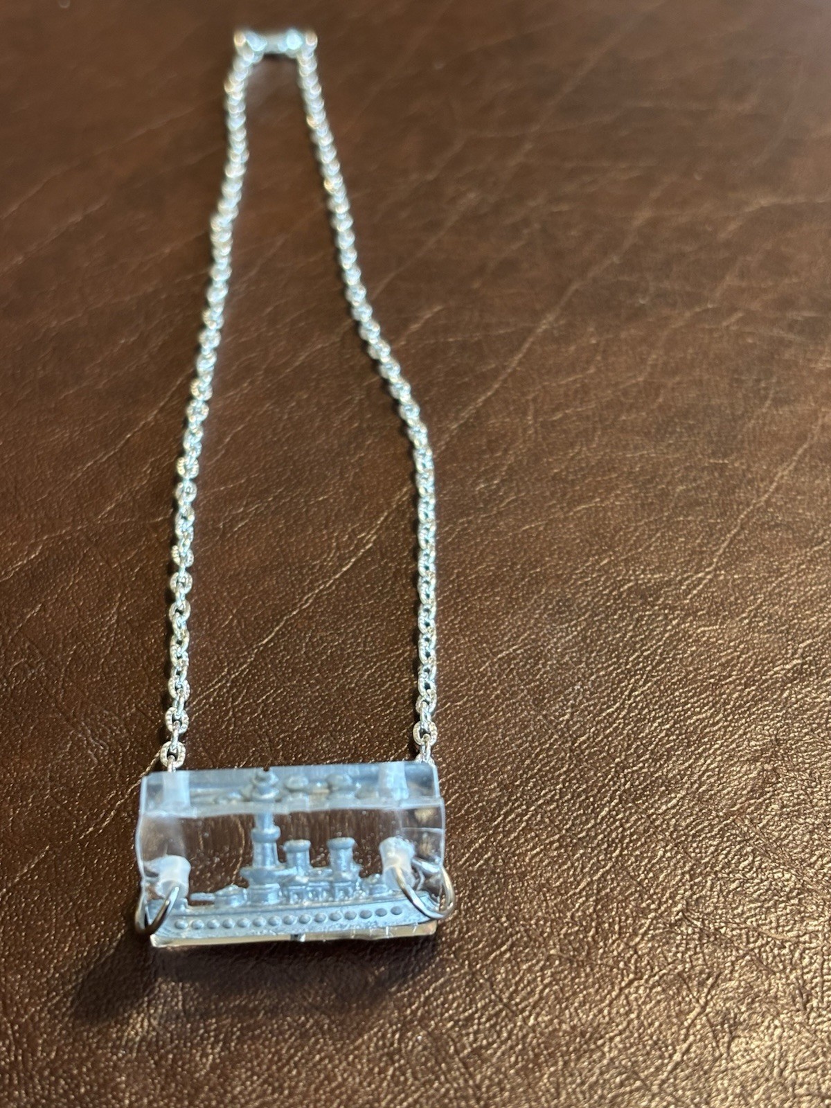 Vintage, Metal Ship Game Piece, Suspended in Resin, on a Silver Plated Chain.WOW