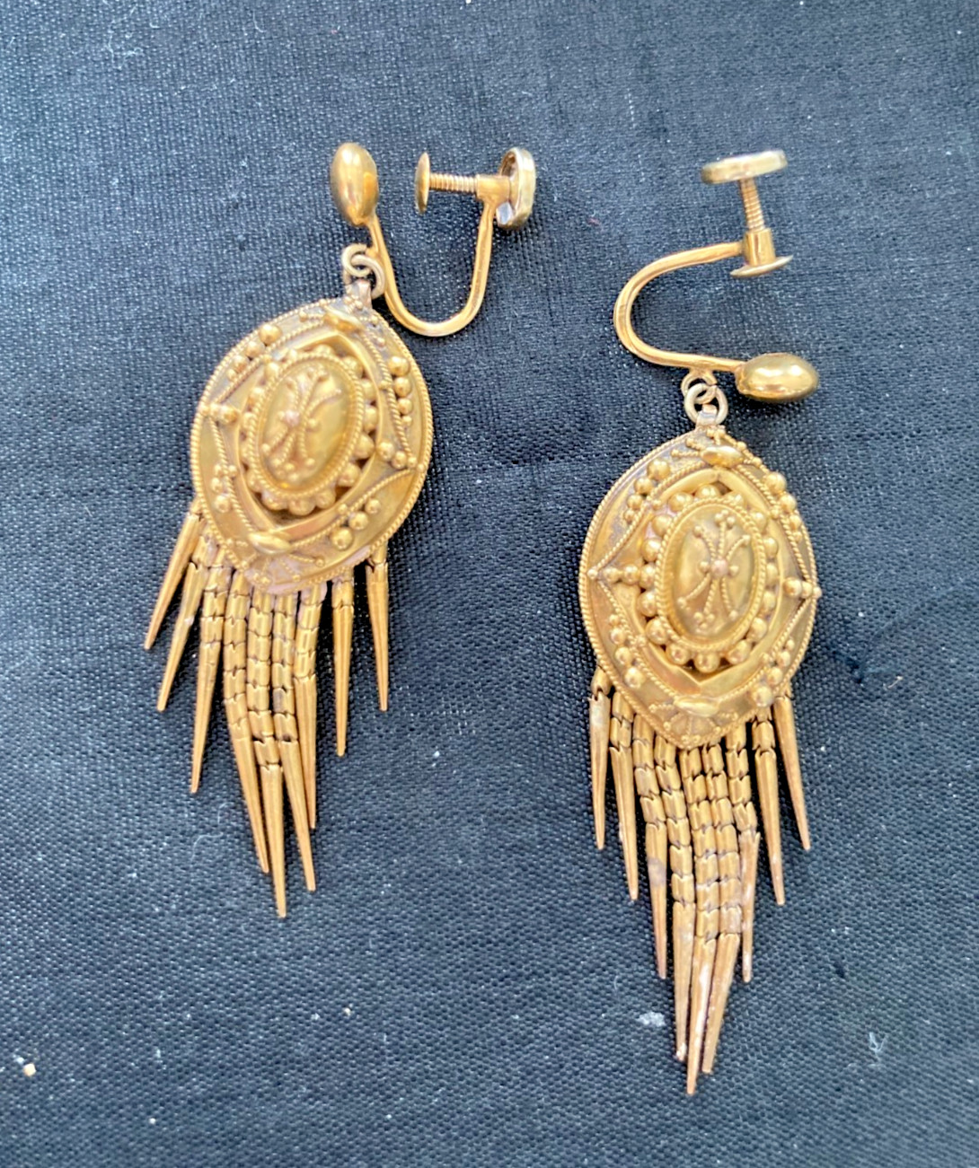 Antique 18k Gold Etruscan Tassel Screw Back Earrings Mint BIN