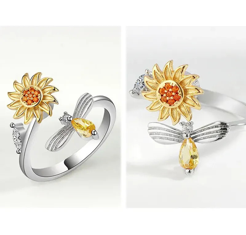 Sterling Silver Sunflower Diamond Zircon Rotatable Ring For Women