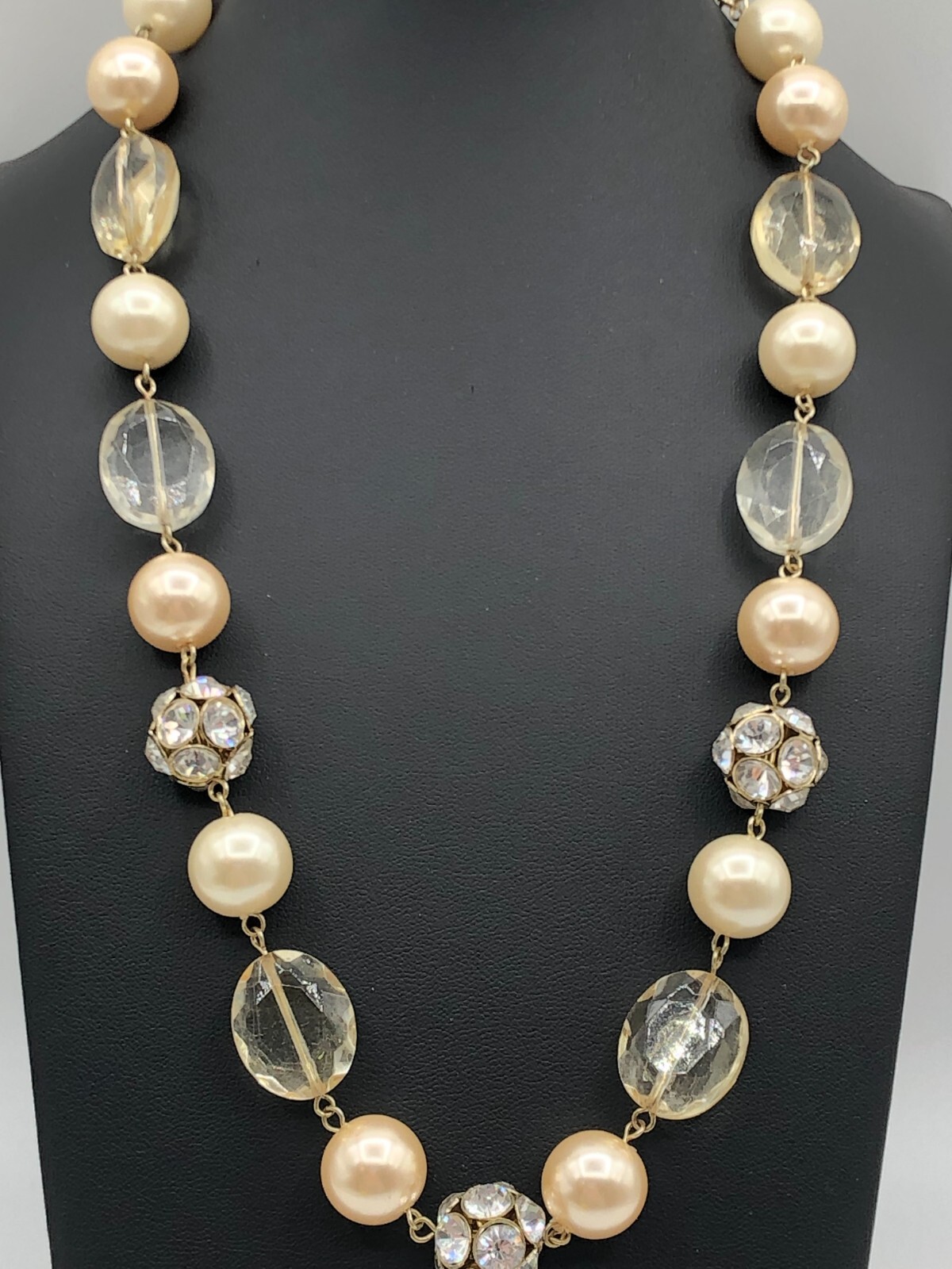 Vtg Cream & Champagne Faux Pearl Necklace Rhinestone Balls, Acrylic Crystals
