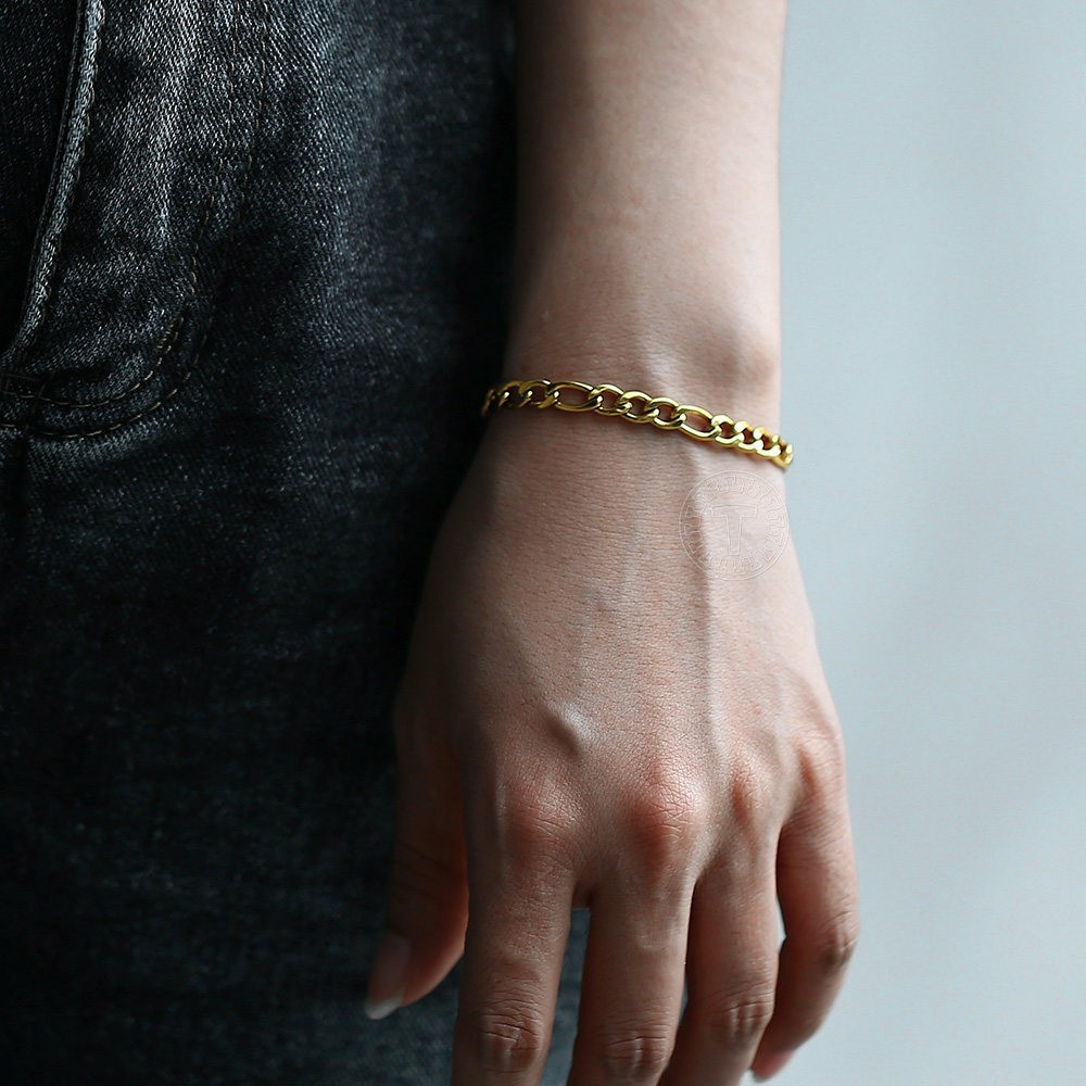 3/5/7/9mm Gold Plated Stainless Steel Figaro Link Chain Bracelet Men Women Jewel