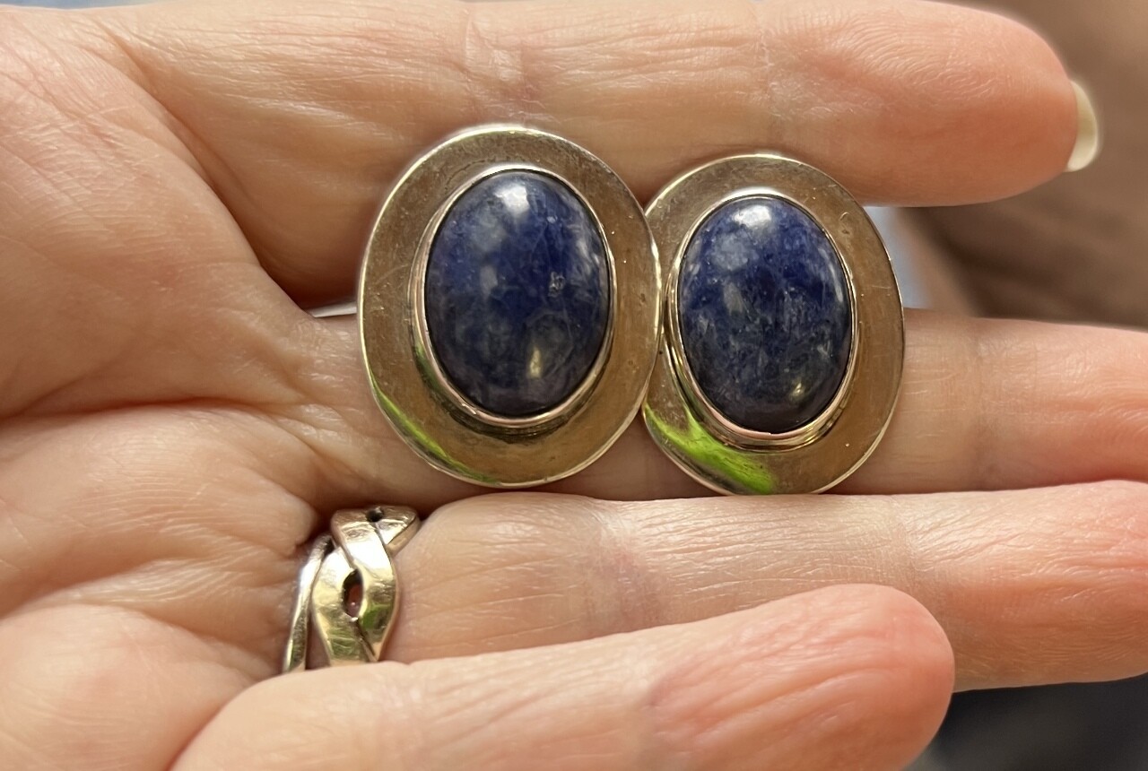Vintage Sterling Lapis Lazuli Oval Post Pierced Earrings 1″ Bezel 70’s Disco Era