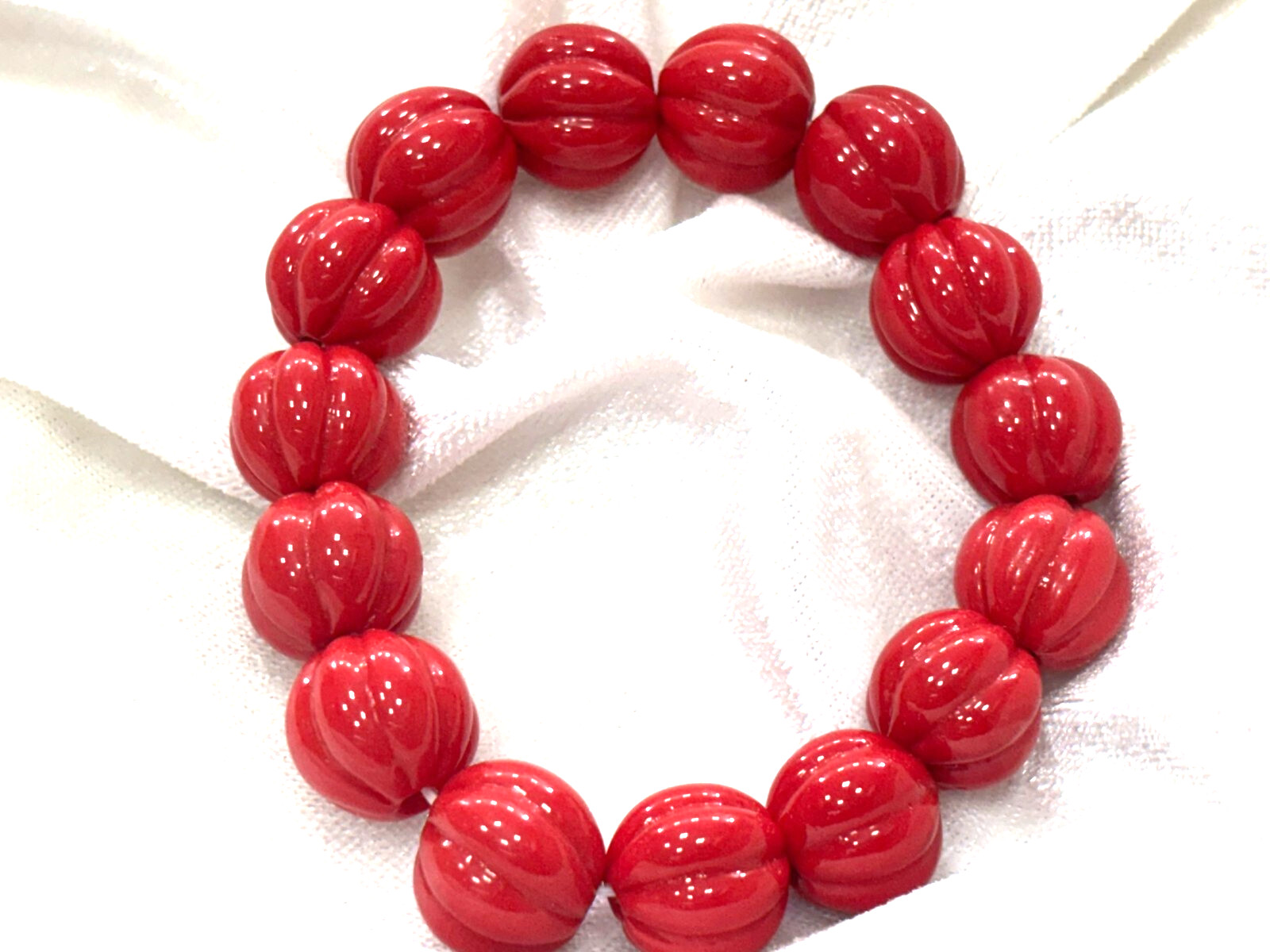 RED CORAL MELON CARVED 13 MM SMOOTH GEMSTONE BEADS 7″INCH 1 BRACELET