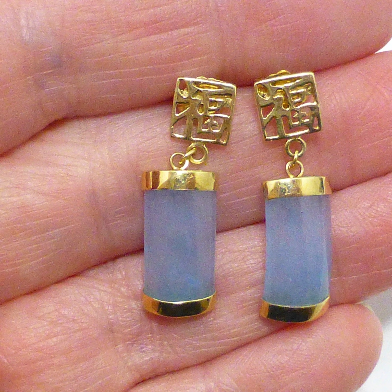 HK 14k 585 gold oriental asian jade earrings jewelry