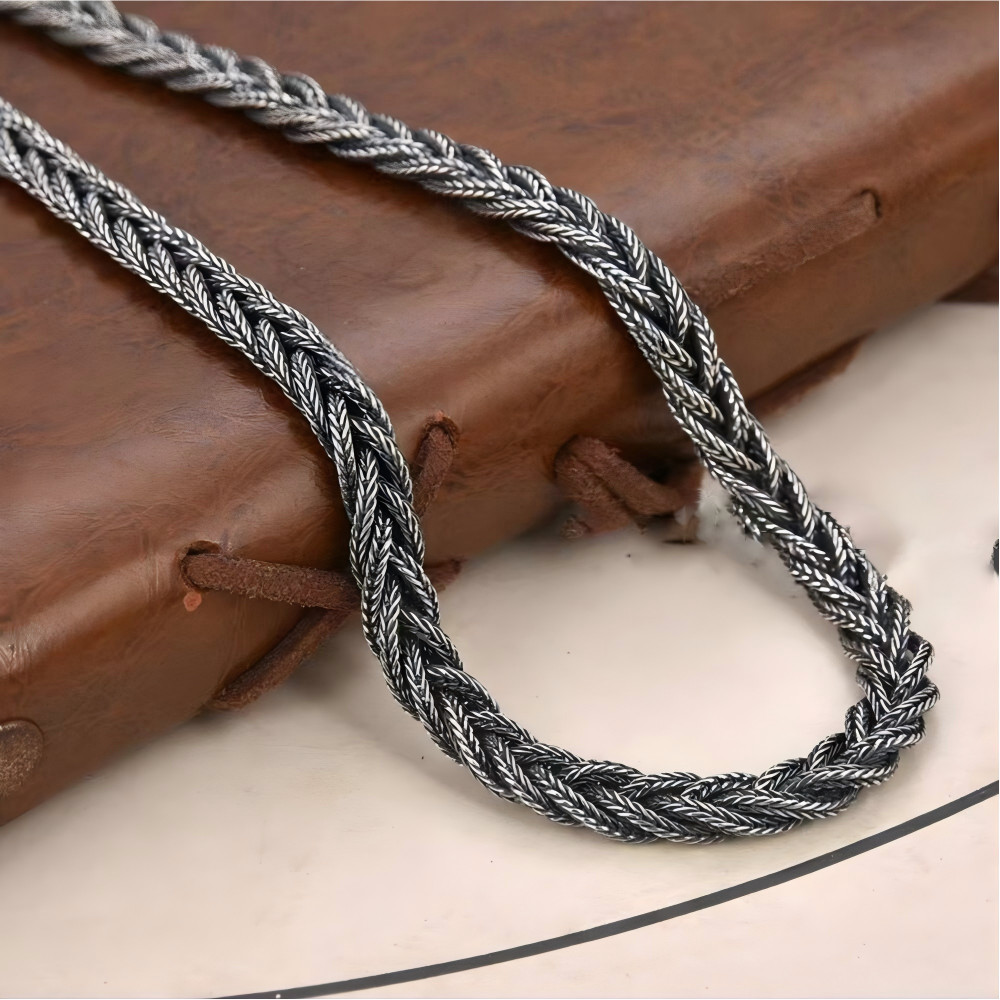Pure S925 Sterling Silver Chain 6mm Braided Foxtial Link Necklace34-35g 23.6inch