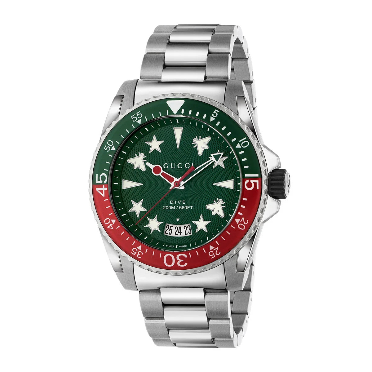 Gucci Dive YA136222 45mm Red Silver Bezel Steel Bracelet Men Watch -BRAND NEW