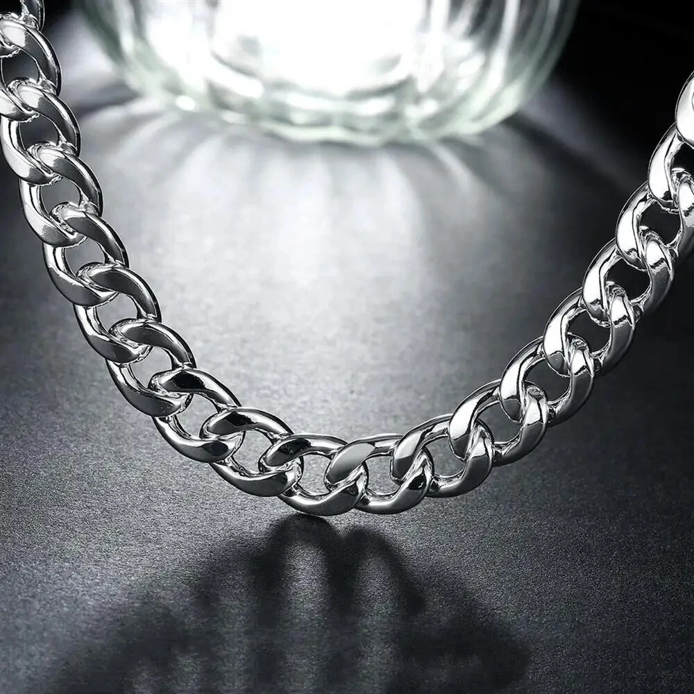 URMYLADY 925 Silver Solid 10MM Chain Necklace Bracelets Jewelry Sets 50/55/60CM