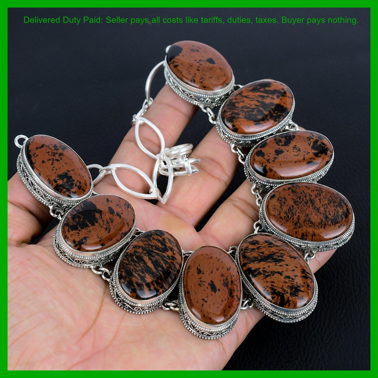 Sterling Silver Mahogany Obsidian Stone Chain New Vintage Bezel Necklace Jewelry