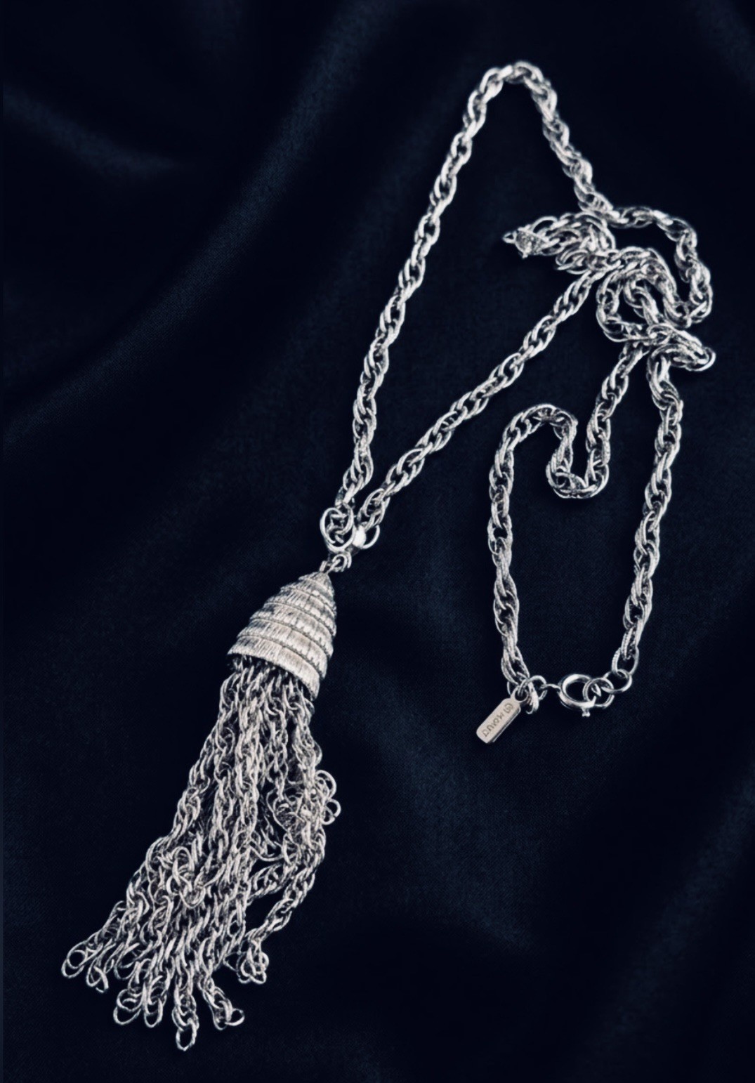 Vintage MONET Tassel Pendant Necklace Silver Tone Rope Chain 28” MCM 1960s EUC