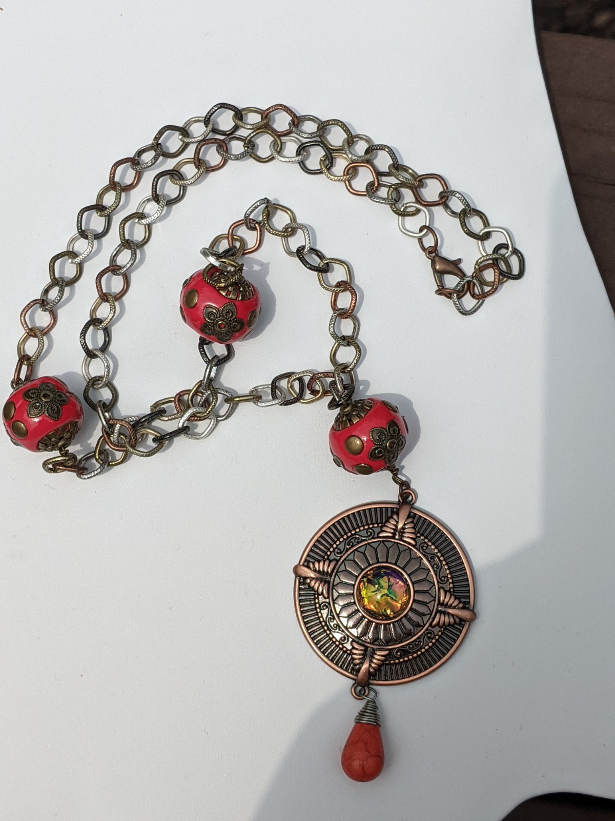 Copper Medallion on a Long Tri-colored Chain Necklace