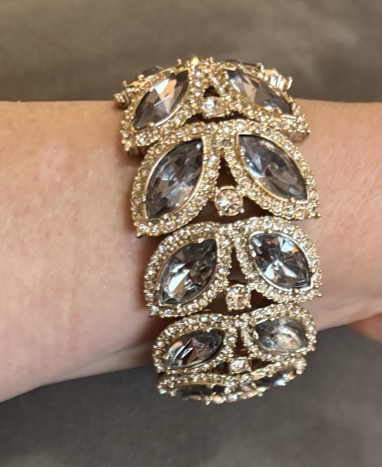 Vintage Crystal Wide Bracelet Angular Design Special Occasion Smokey-Gray 7in