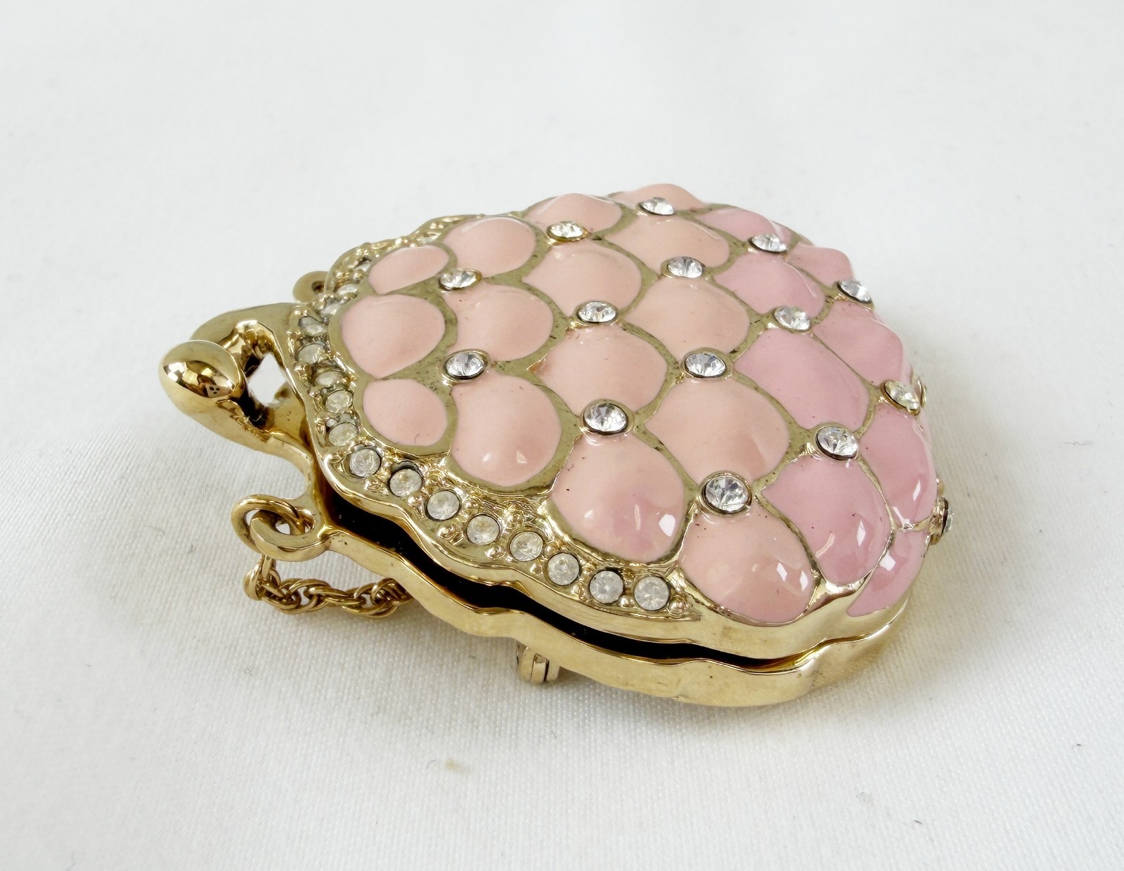 NEW ST. JOHN Handbag Brooch Pink Enamel Scales Crystals 24KGP Logo Pin Enhancer