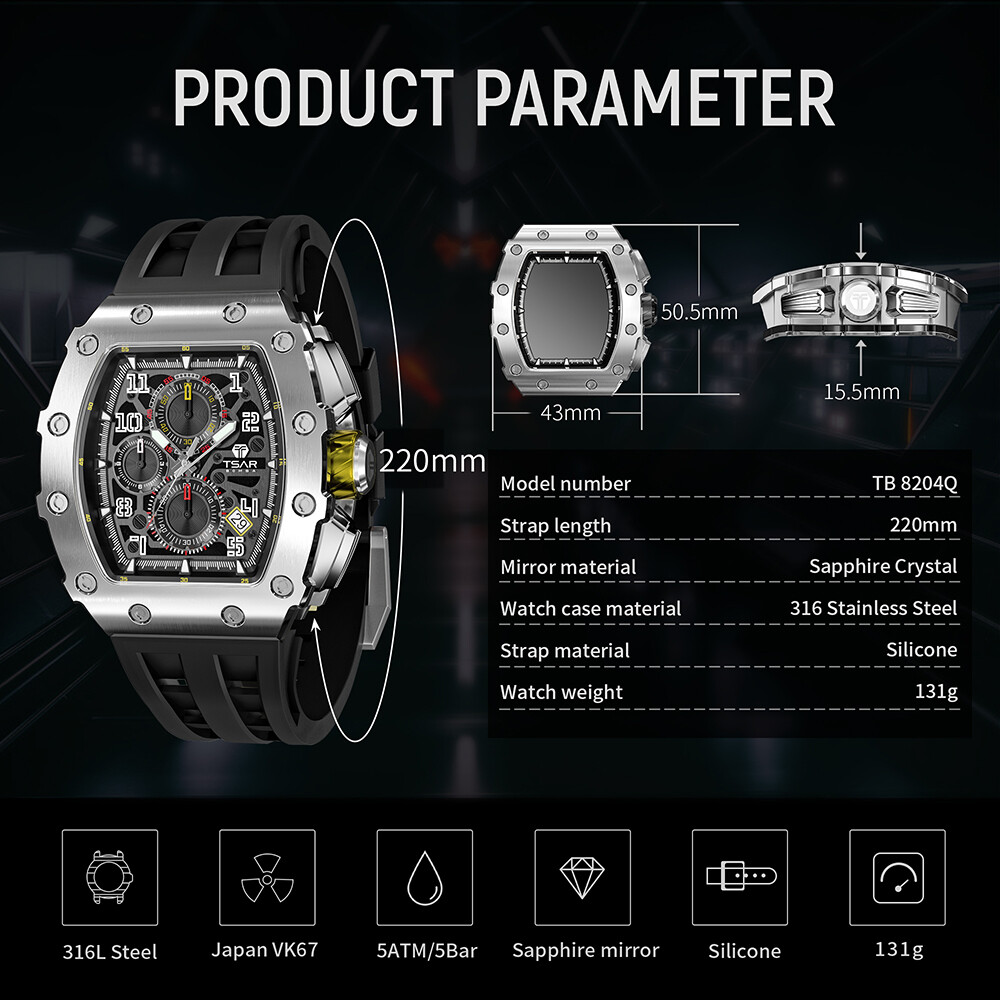 TSAR BOMBA Luxury Men’s Quartz Watch Tonneau Design 5ATM Chronograph Silicone