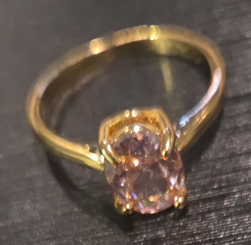 Yellow Gold Plated Prong Set Solitaire Band Ring Size 8 Oval Pink Stone 1