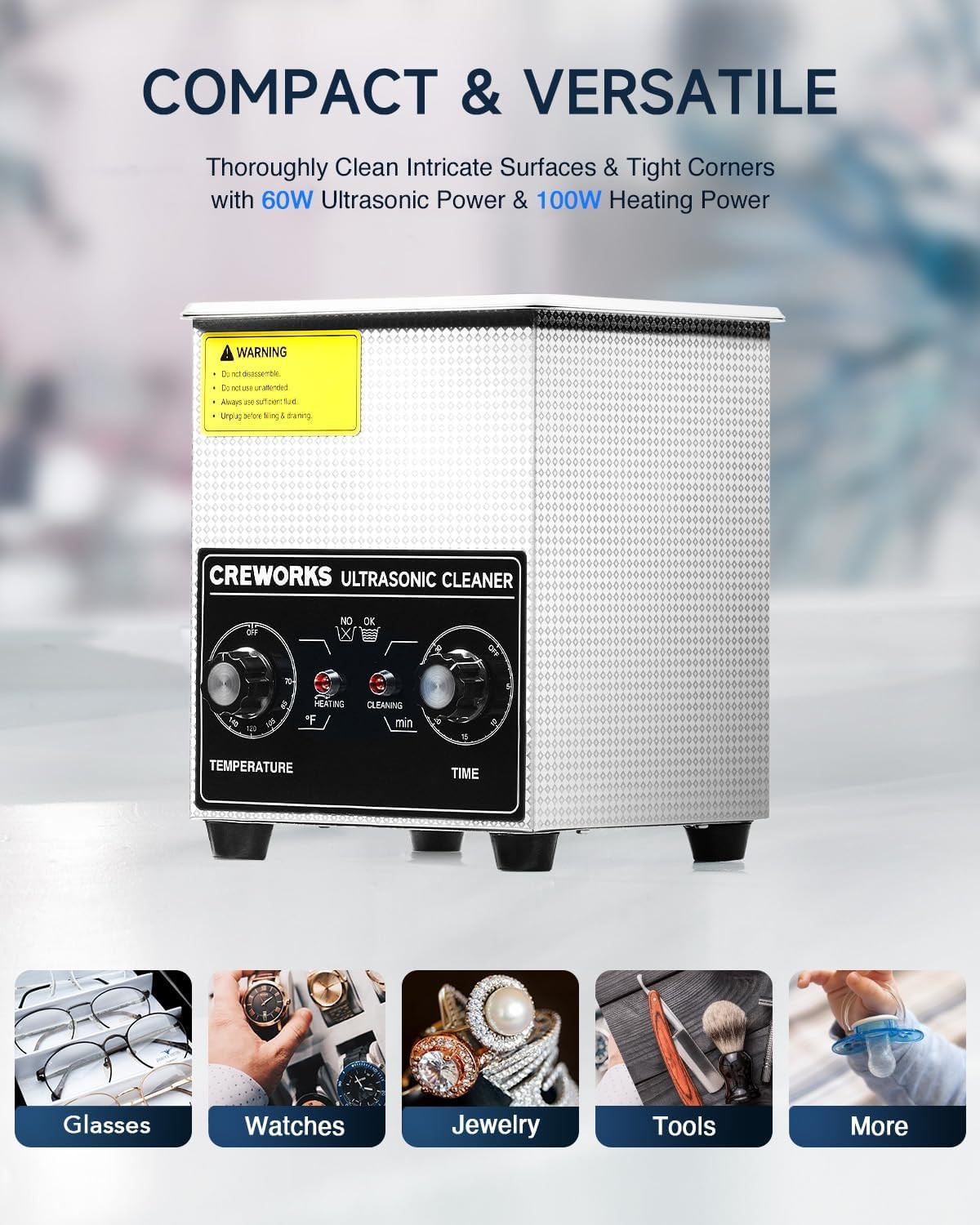 CREWORKS Ultrasonic Cleaner with Heater Timer, 1/2 Gallon Stainless Steel 60…