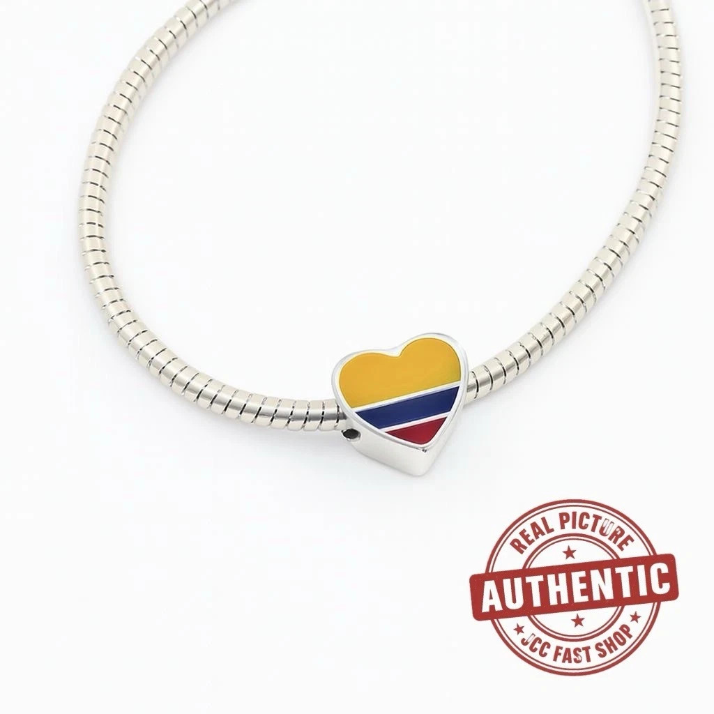 Colombia Flag Heart Charm Bead Sterling Silver Enamel Love Design for Bracelet