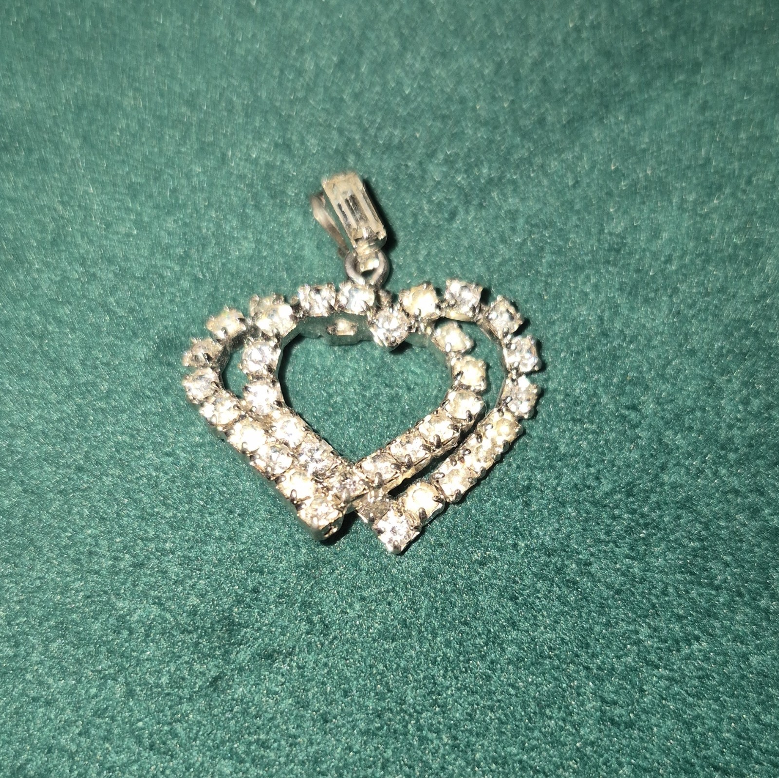 Silver Tone Double Heart Clear Rhinestone Charm Pendant, Love Theme