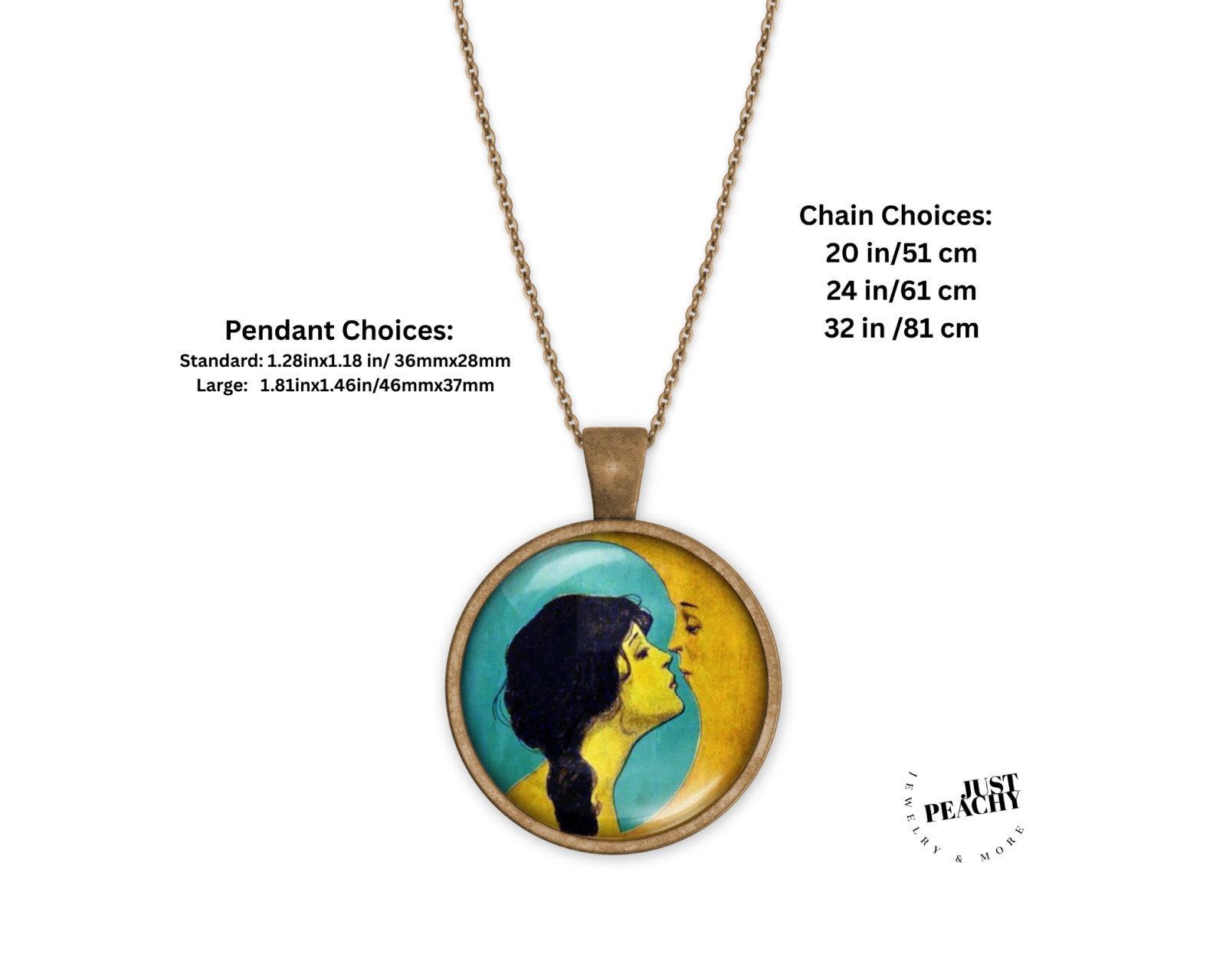 Woman in the Moon Kiss Retro Art Bronze Silver Jewelry Necklace Set
