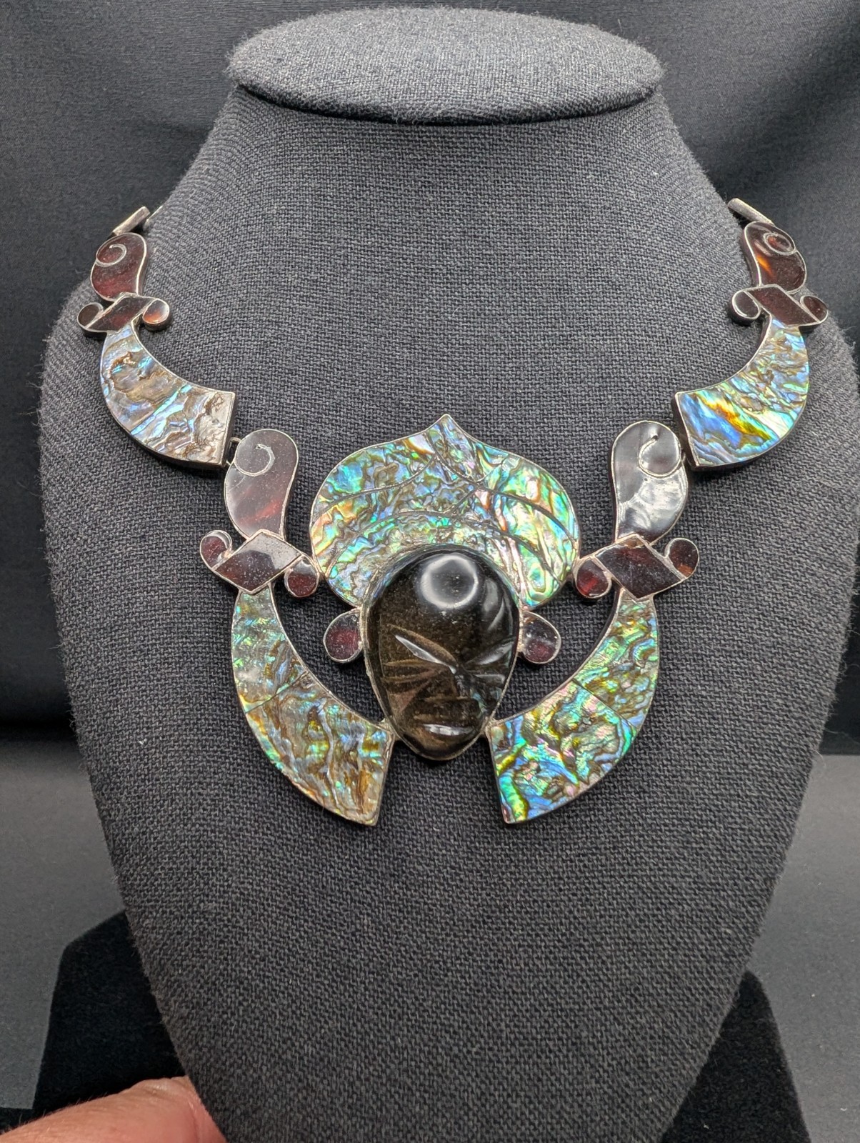 Vtg Statement Piece 925 Mexico Sheen Obsidian Tortoise & Abalone Shell