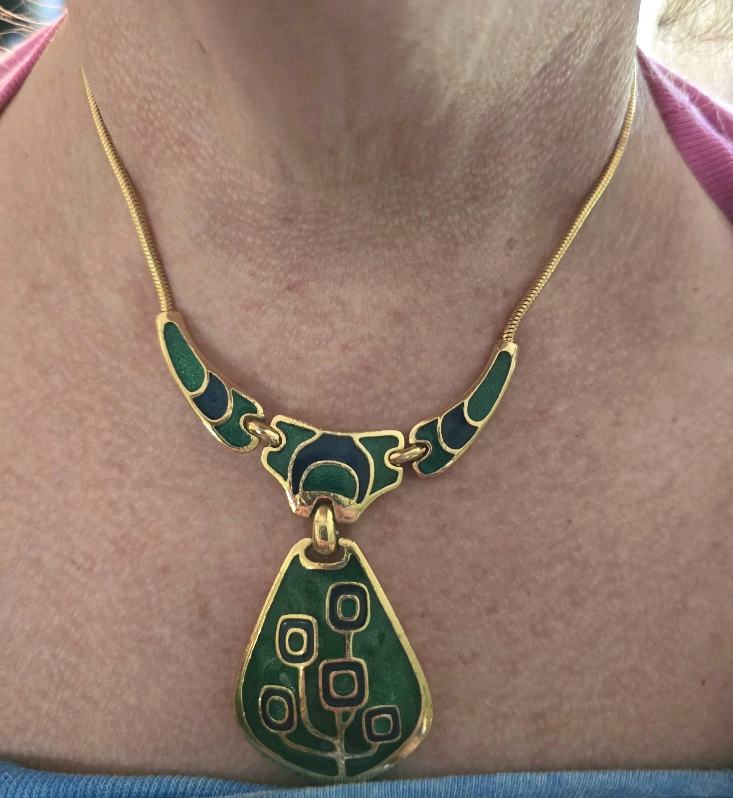 Vintage 1970s Blue & Green Enamel Gold Tone Collar Necklace, made in Thailand