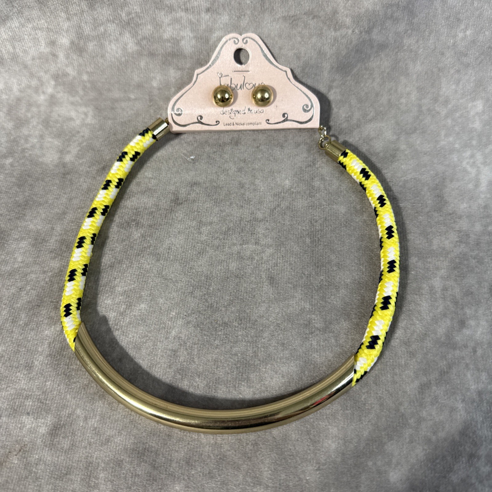 Fabulous Necklace Yellow White & Black Cord Gold Tone Accents Matching Earrings