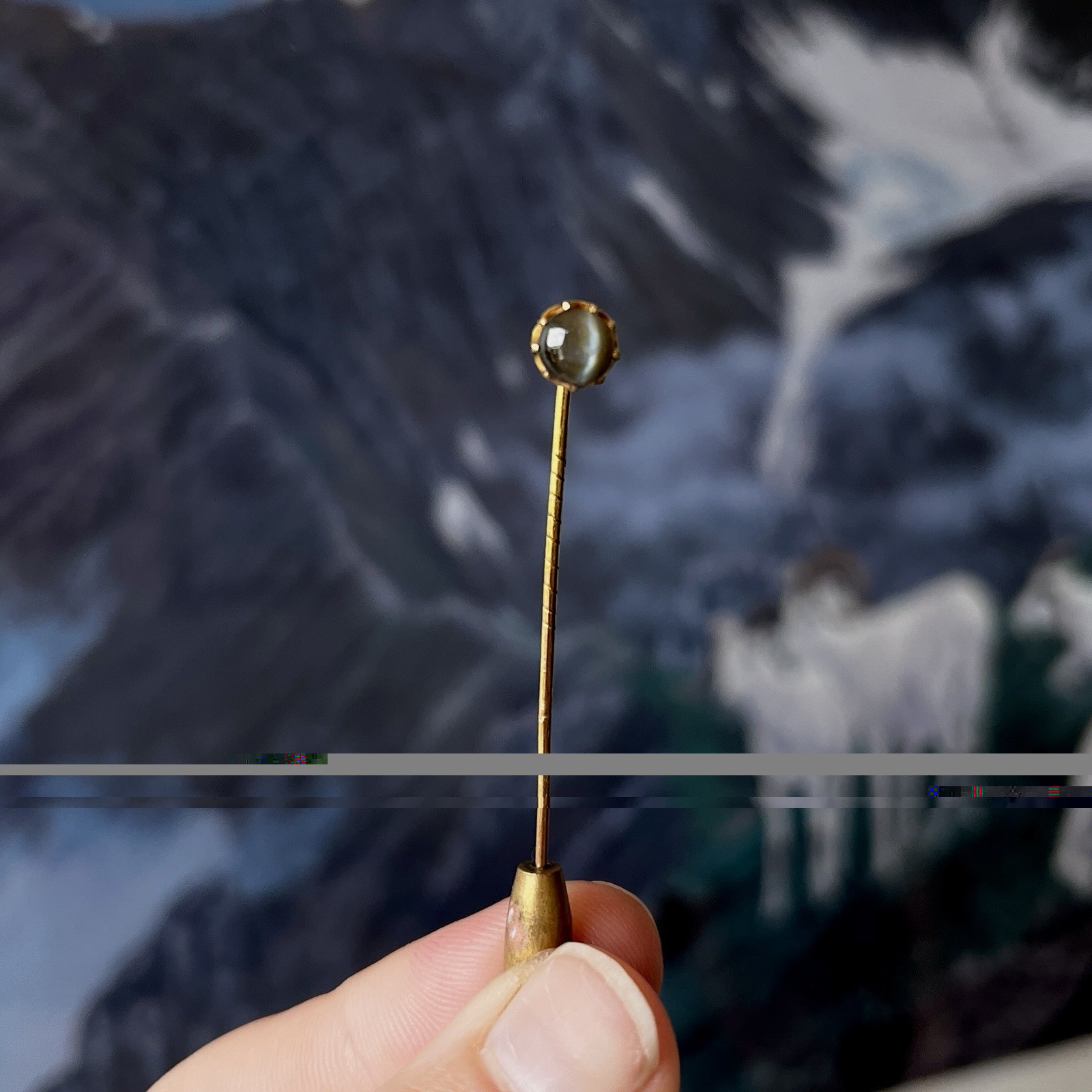 Vintage 14K Gold Chrysoberyl Cat’s Eye Stick Pin. Original 1970 Jeweler Receipt