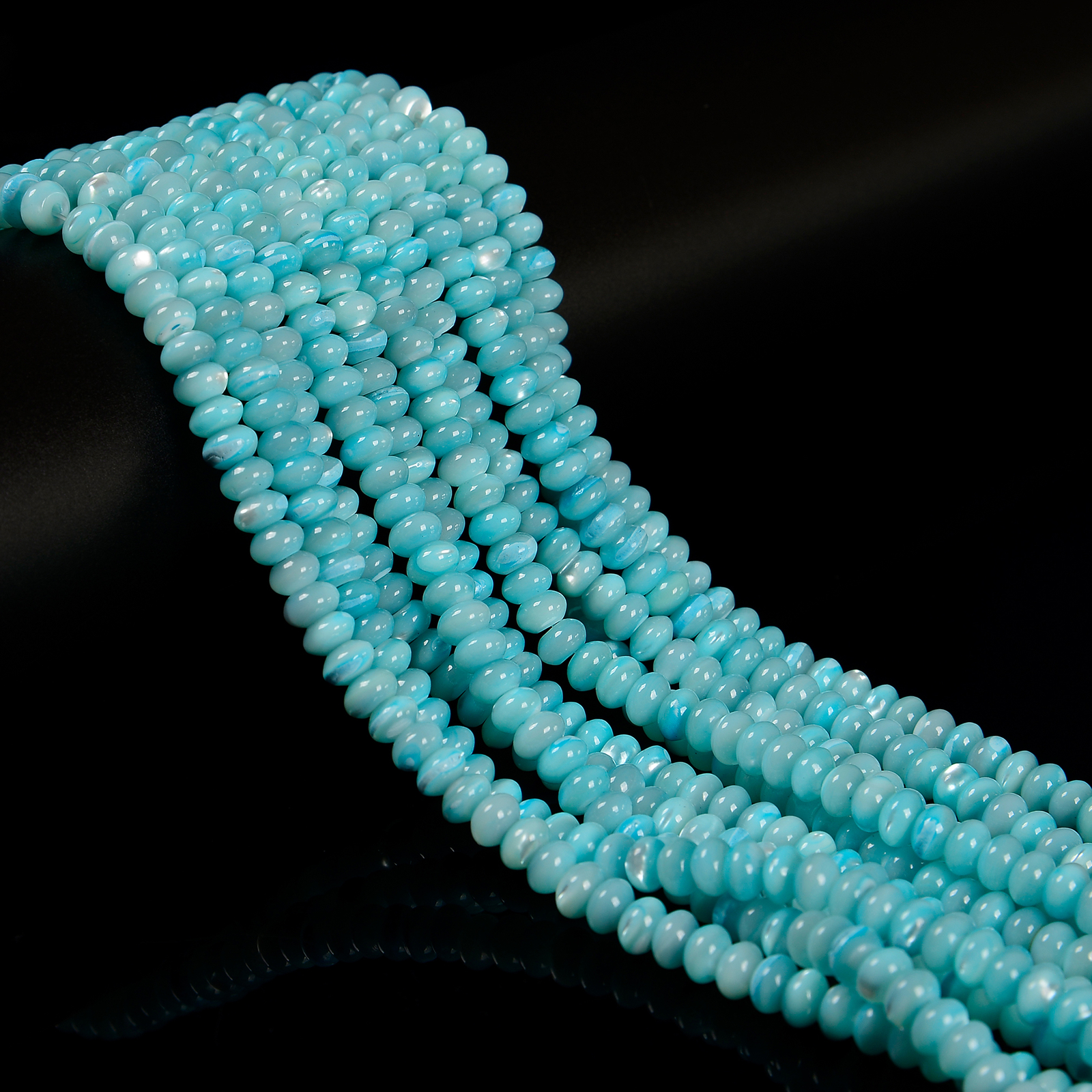 Aqua Blue MOP Shell Smooth Rondelle Beads Size 3x4mm 4x6mm 5x8mm 15.5”Strd