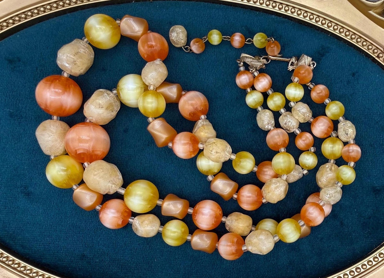 Vintage Coro Moonglow Lucite Necklace, 1950s Fruit Salad Beads, Orange Yellow Bu