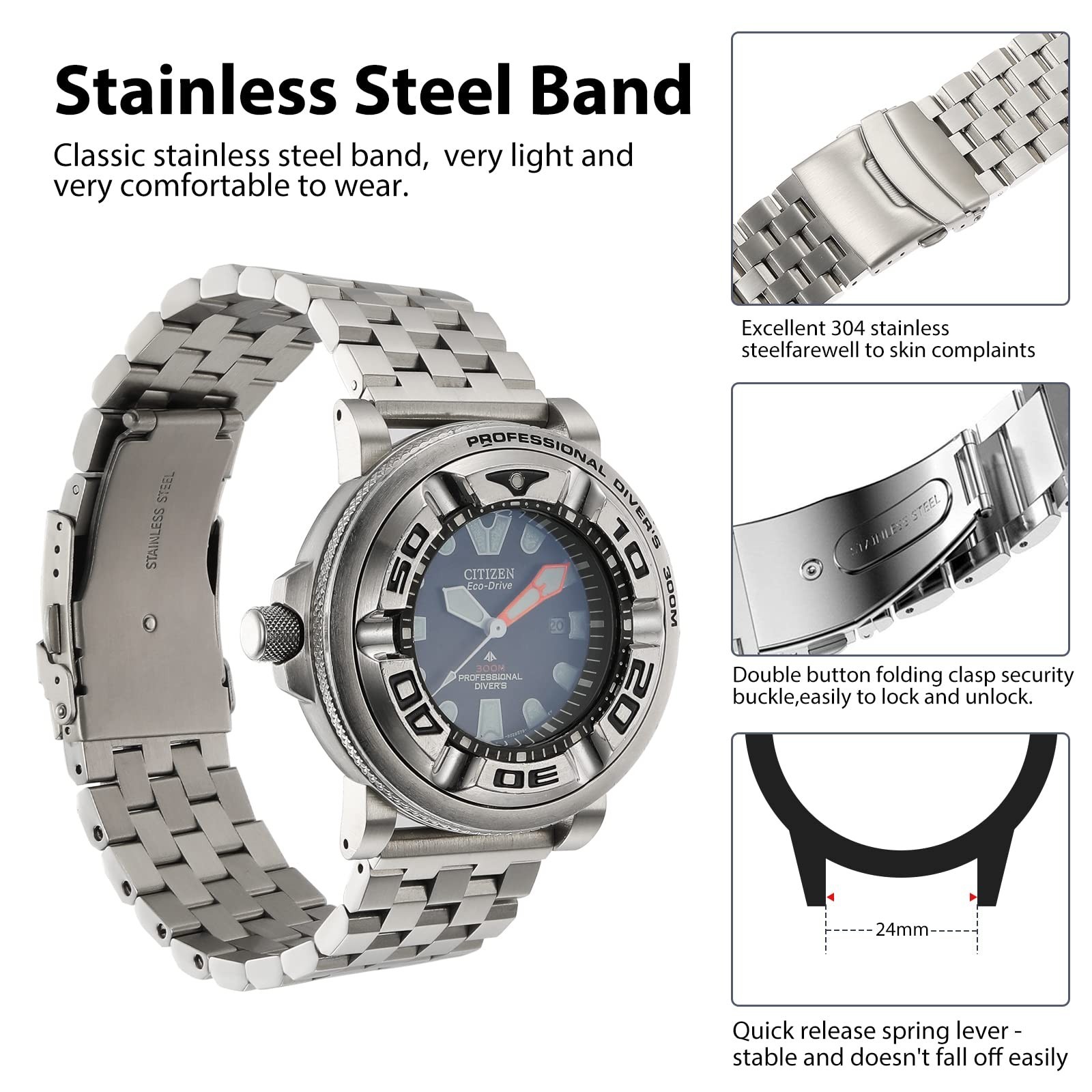 Silver Adapters & 24mm Band for Citizen Eco-Drive Promaster BJ8050 Dive Watch