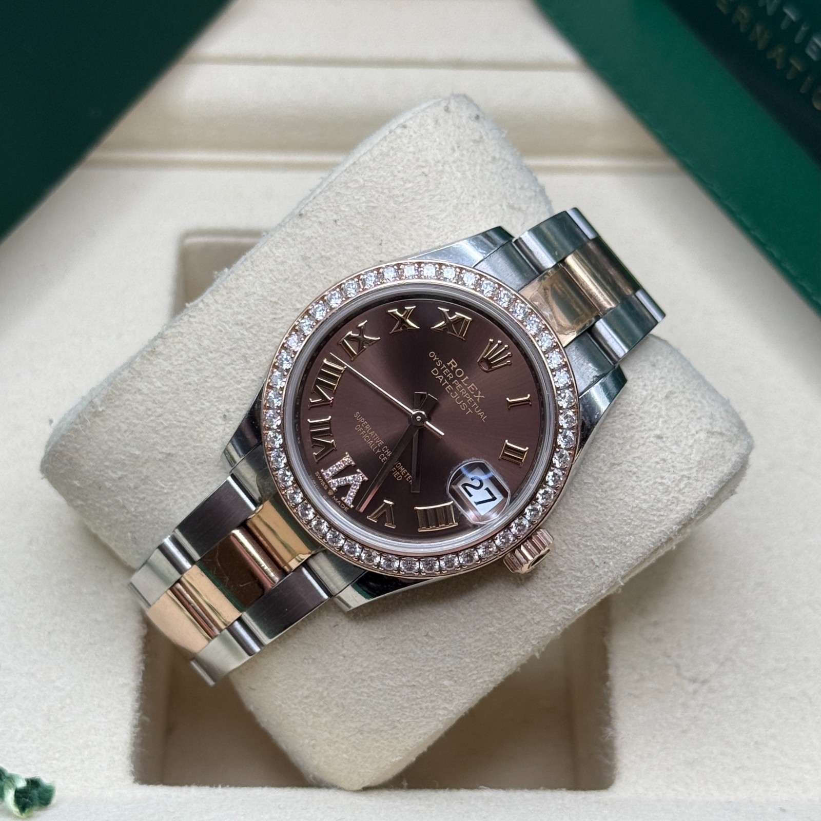 Rolex Datejust 31 Chocolate Roman Diamond Two Tone Rose Diamond Bezel Oyster