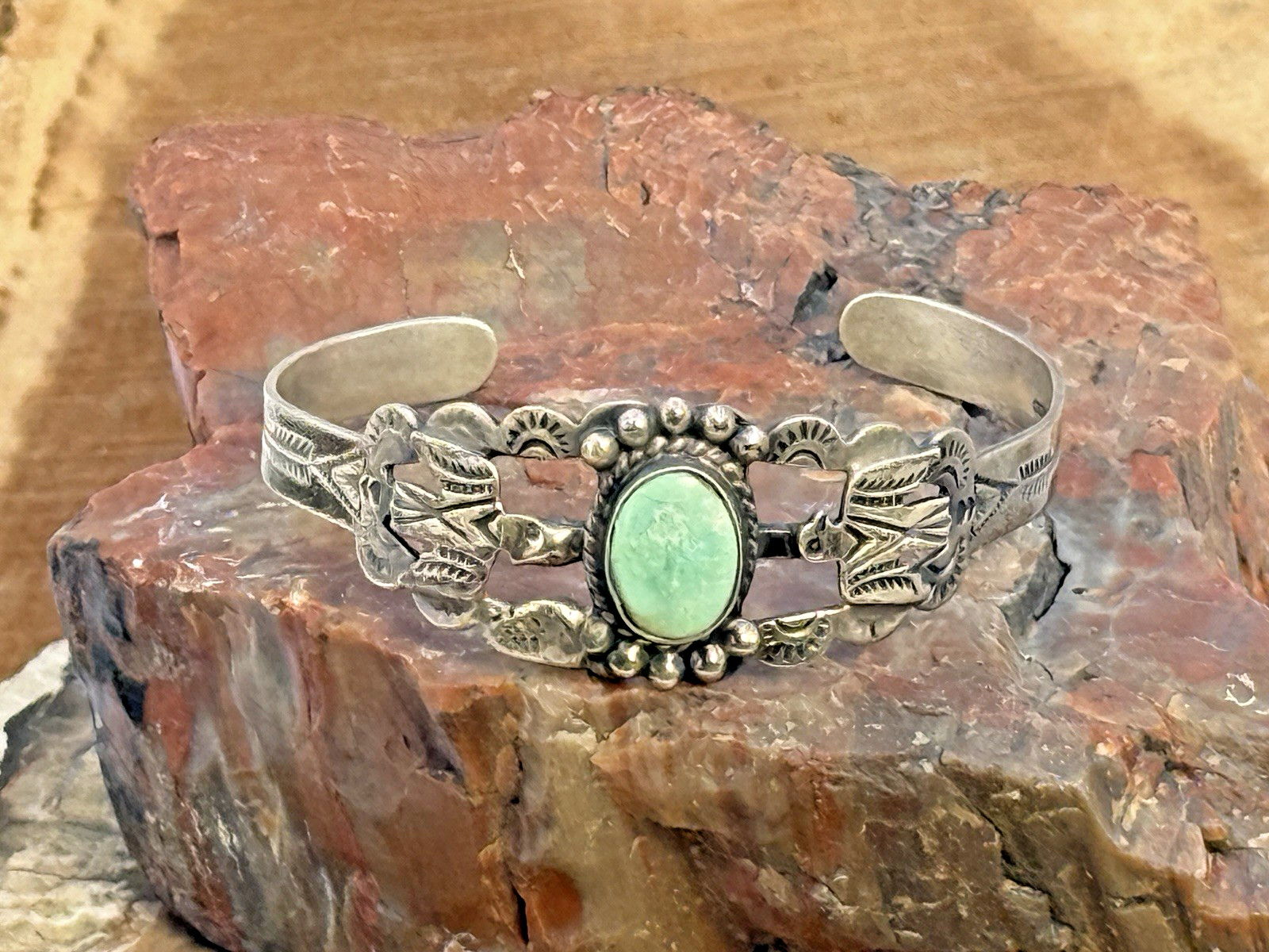 Vintage Navajo Fred Harvey Era Coin Silver Turquoise Stamped Cuff–1723.26
