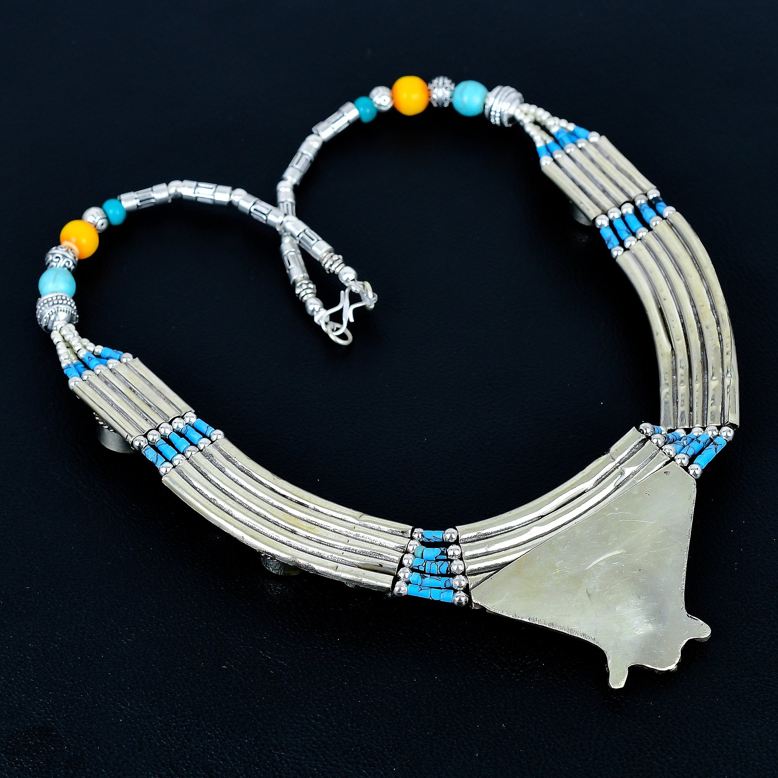 Yellow Coral Turquoise 925 Sterling Silver Nepali Tibetan Necklace 18″ PG155