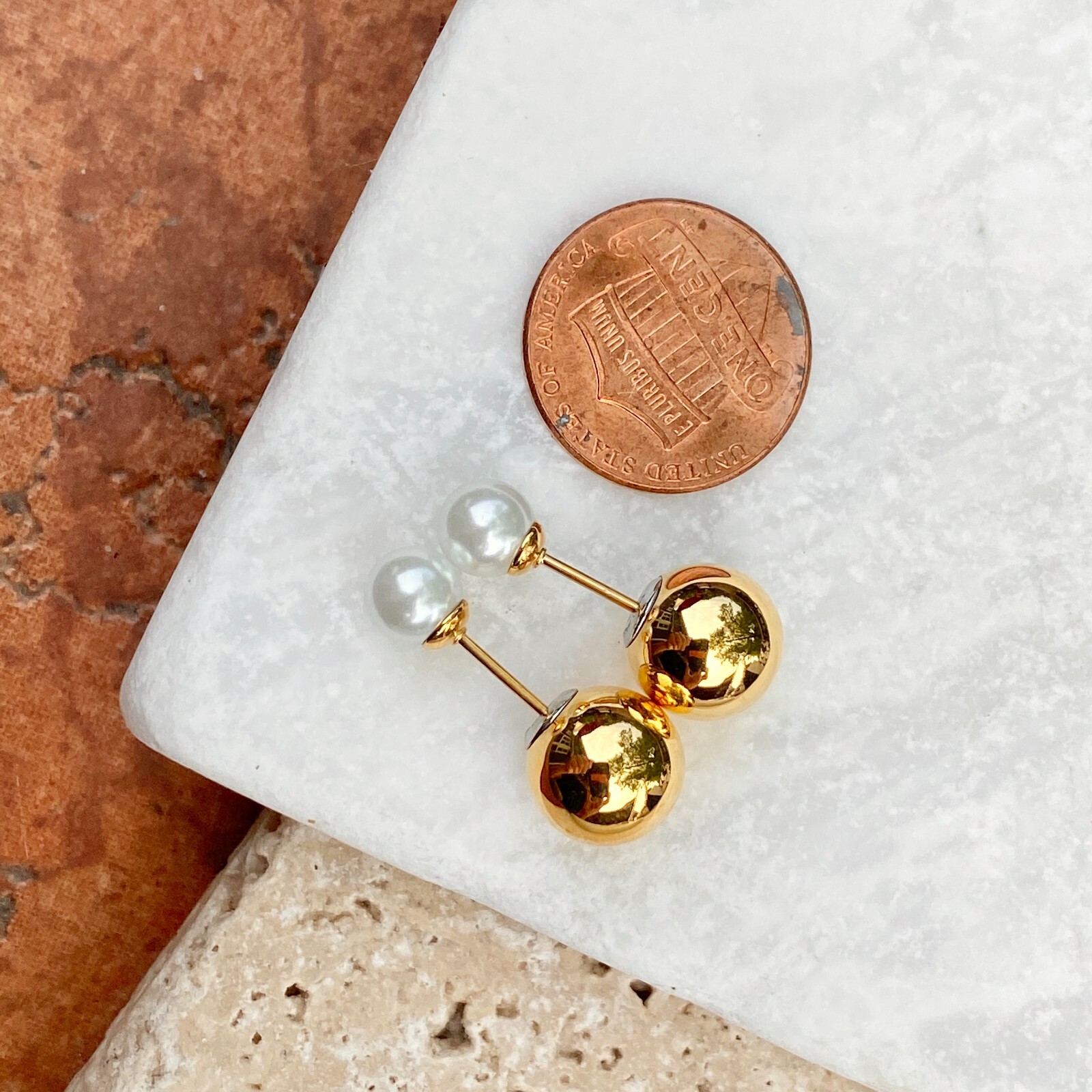 Stainless Steel Double Ended White Pearl + Gold Ball Post Stud Earrings NEW