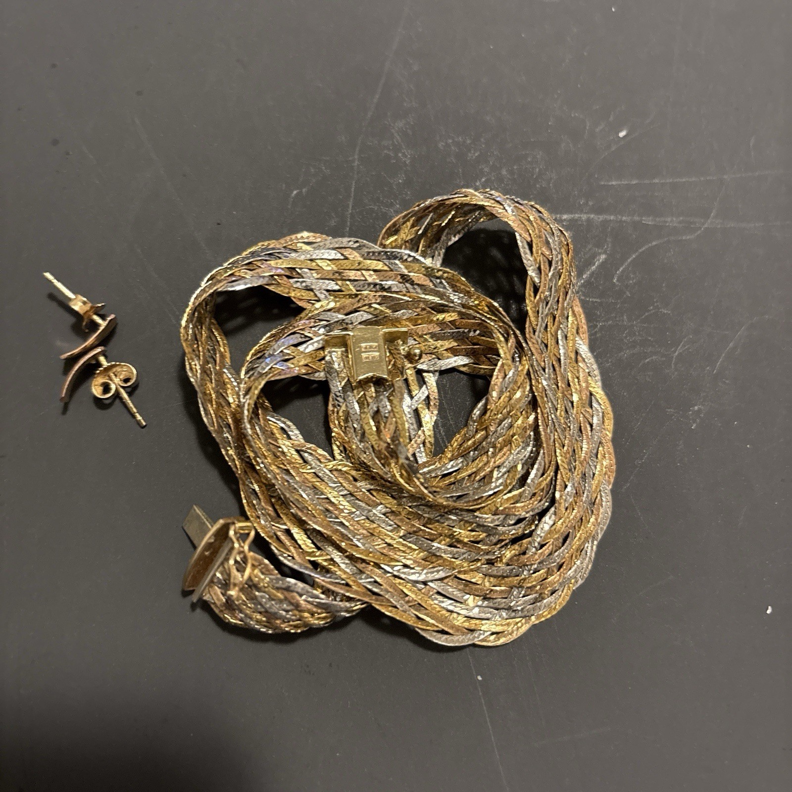 Vintage 1980 Solid 14K Tri-Color Gold Braided Herringbone Necklace Earring Set