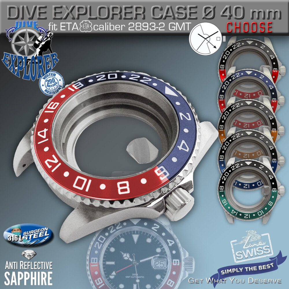 WATCH CASE SUBMARINE DIVE EXPLORER fit ETA-2893-2 GMT, SW 330, Ø 40 MM, 200m WR