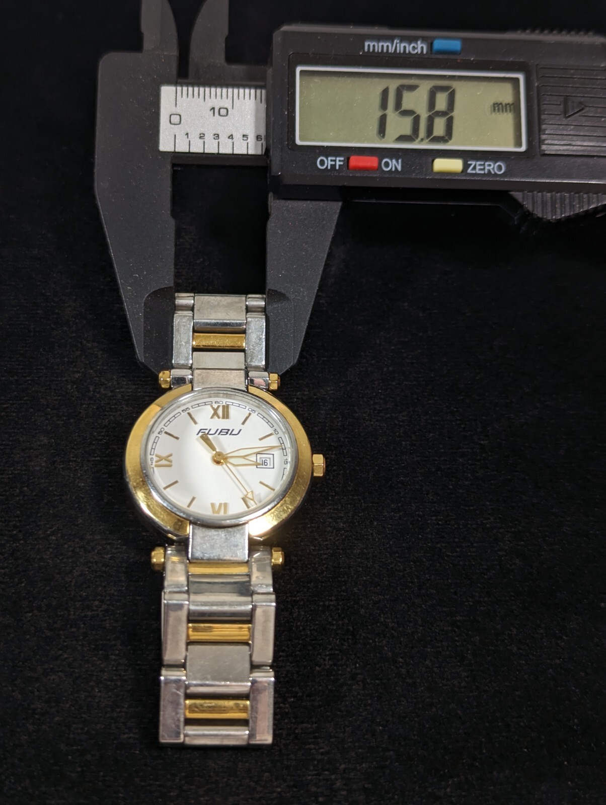 Vintage FUBU 7 Jewels Swiss Date Indicator Two Tone Stainless St Band Watch 6 In