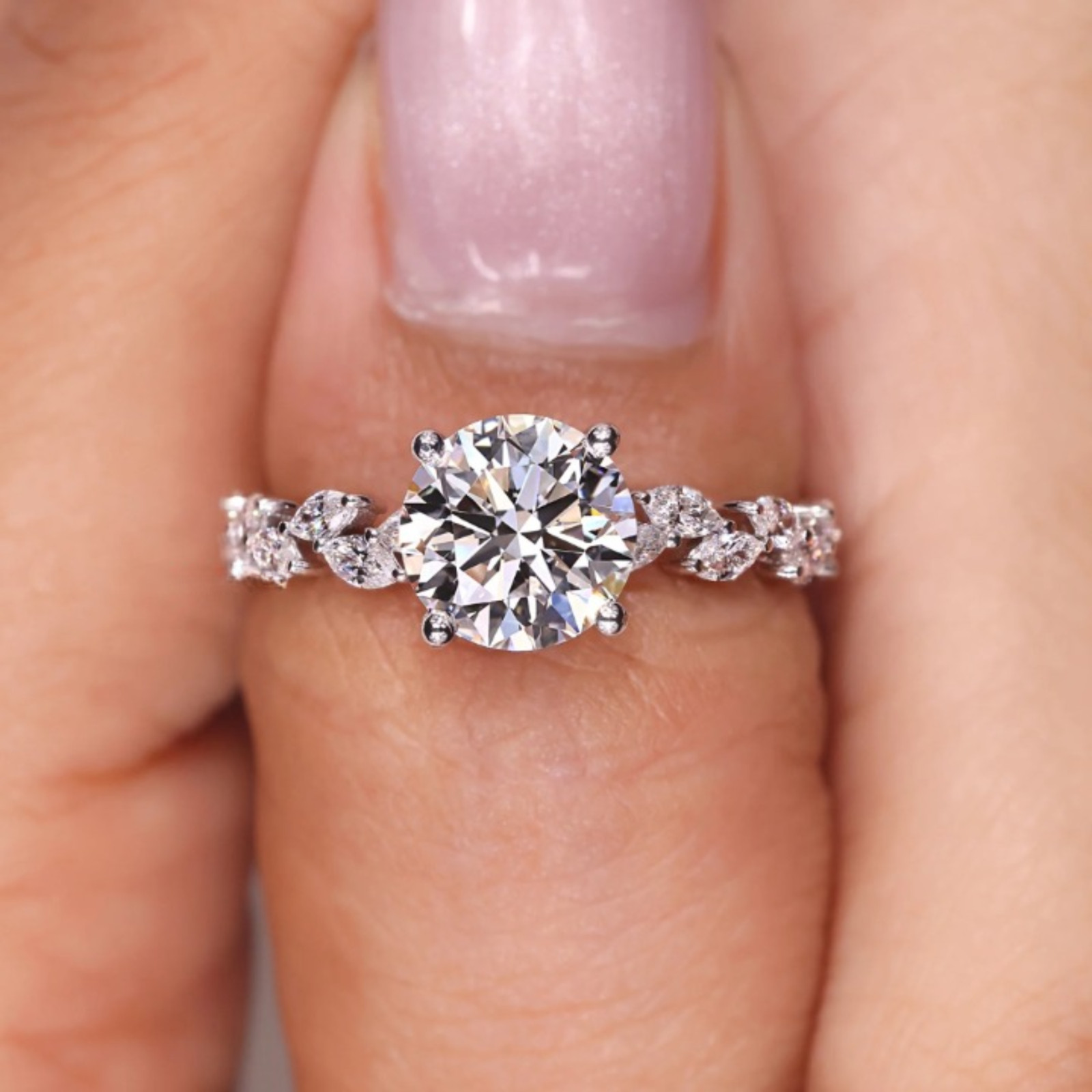 1.50 CT Round & Marquise Lab Grown Diamond Ring In Pave Style-Certified 14k Gold