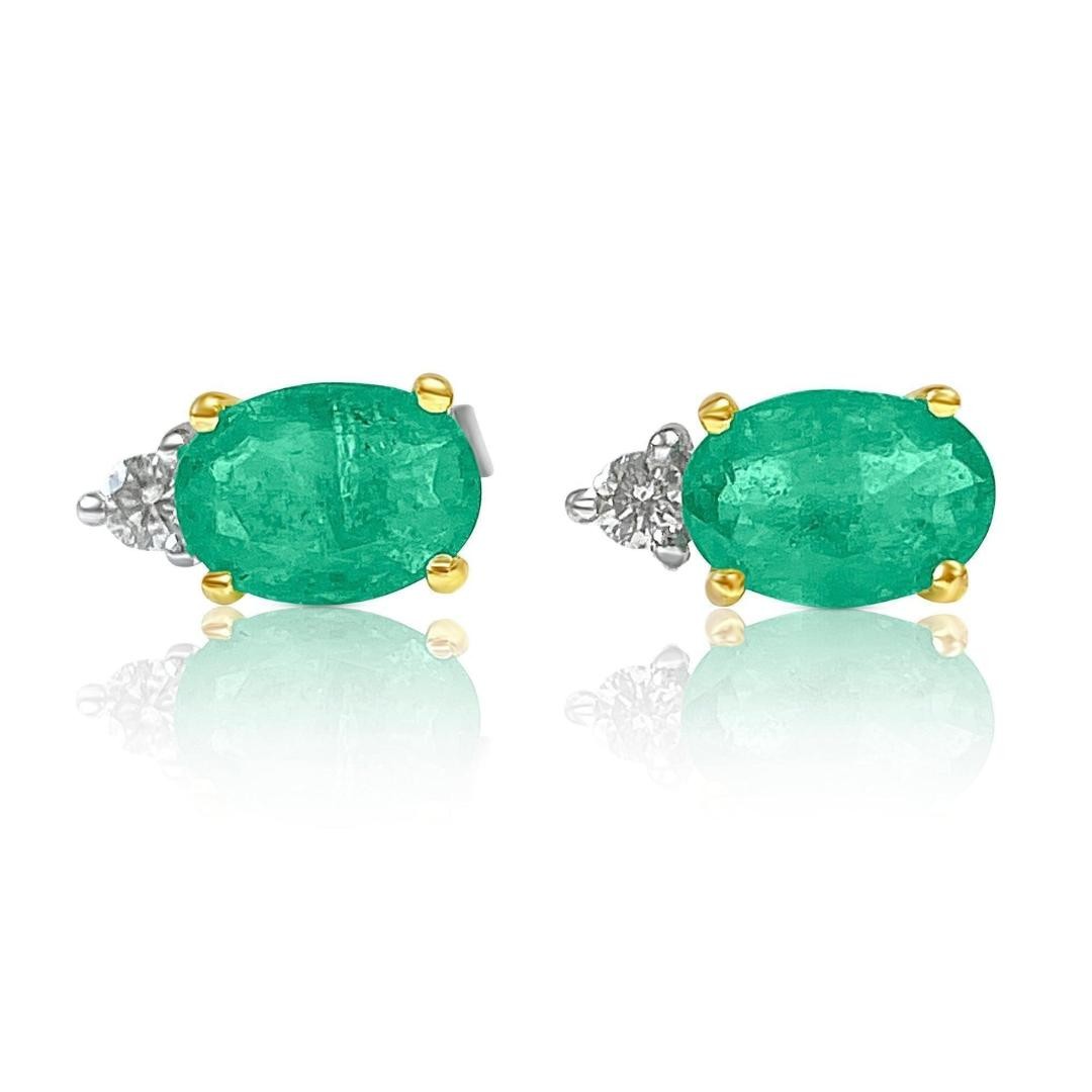 1.5 CTW Oval Cut Emerald Stud Earrings & Diamond Tops in 14K Gold