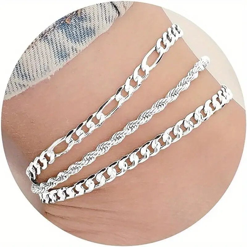 3PC 925 STERLING SILVER PLATED FIGARO CUBAN ROPE CHAIN 10″ ANKLET BRACELET GIFT
