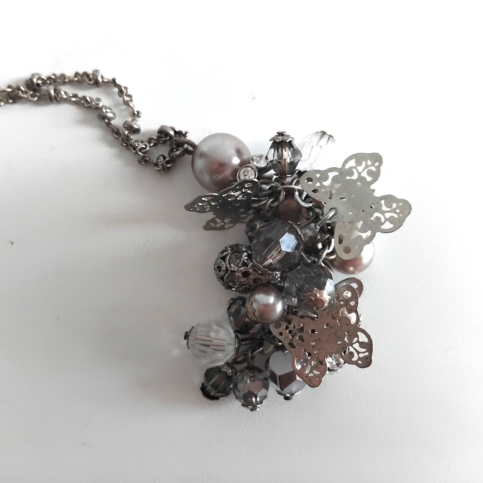ACCESSORIZE long silver tone butterfly charm beaded pendant necklace & ring set