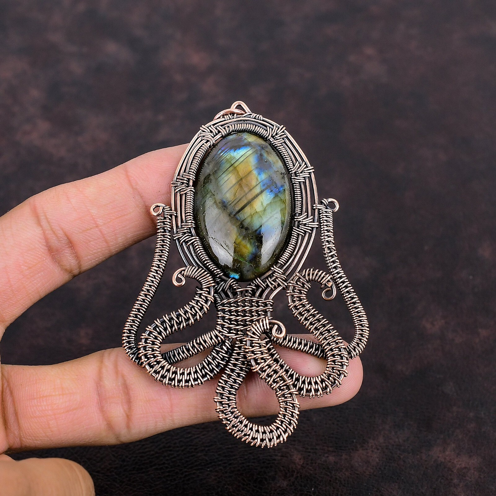 Gift For Her Copper Labradorite Jewelry Wire Wrapped Octopus Pendant 3.58″