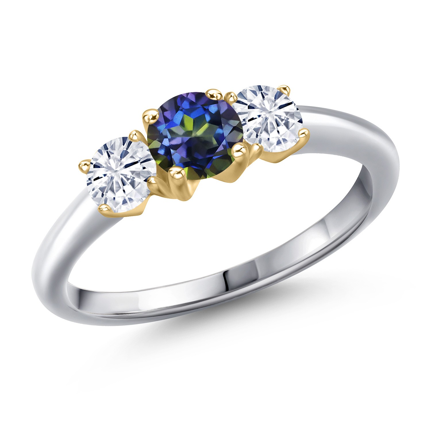 925 Silver and 10K Yellow Gold Blue Mystic Topaz and White Moissanite