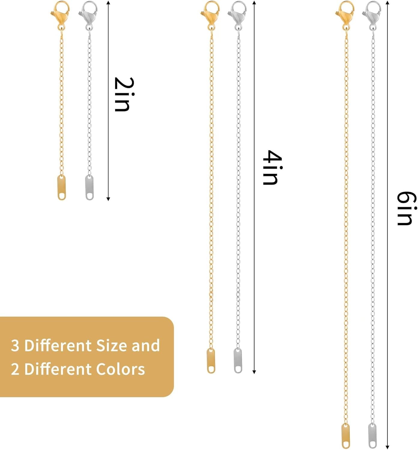 Gold and Silver Plated Necklace Extenders Set of 6 with 2 4 6 Inch Chains for