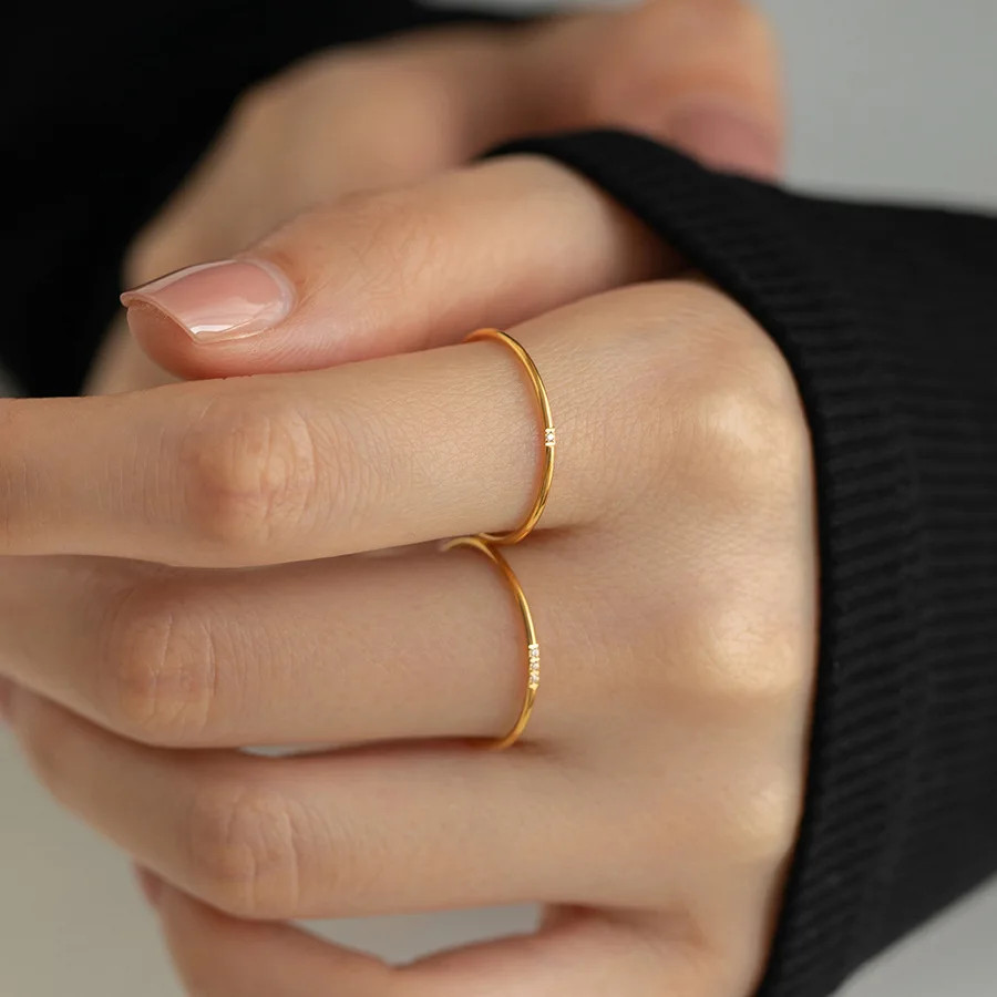 CZ Ring 1mm Thin Round Zircon Gold Tone Stackable Engagement Women Jewelry