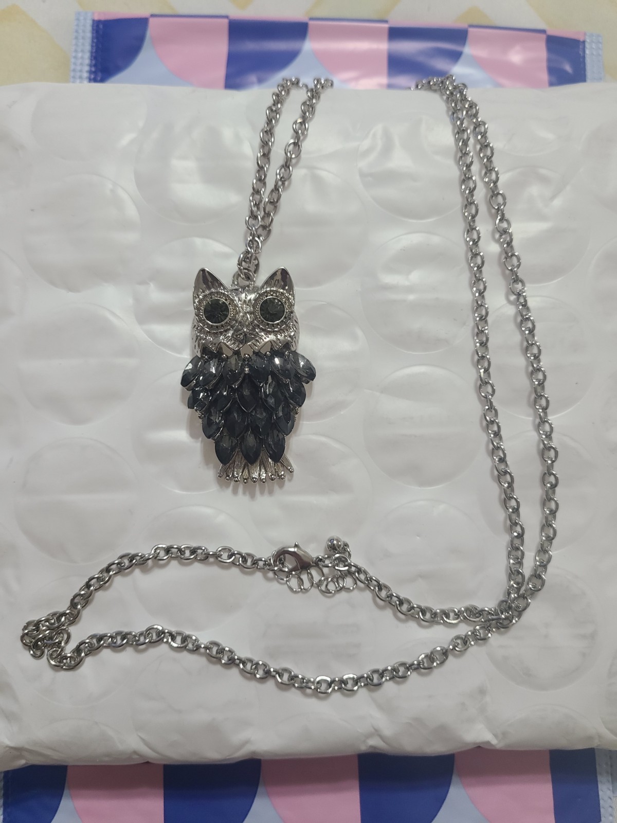 Silver Tone Owl Pendant Necklace w/ Long Chain Black Purple Crystal Rhinestones