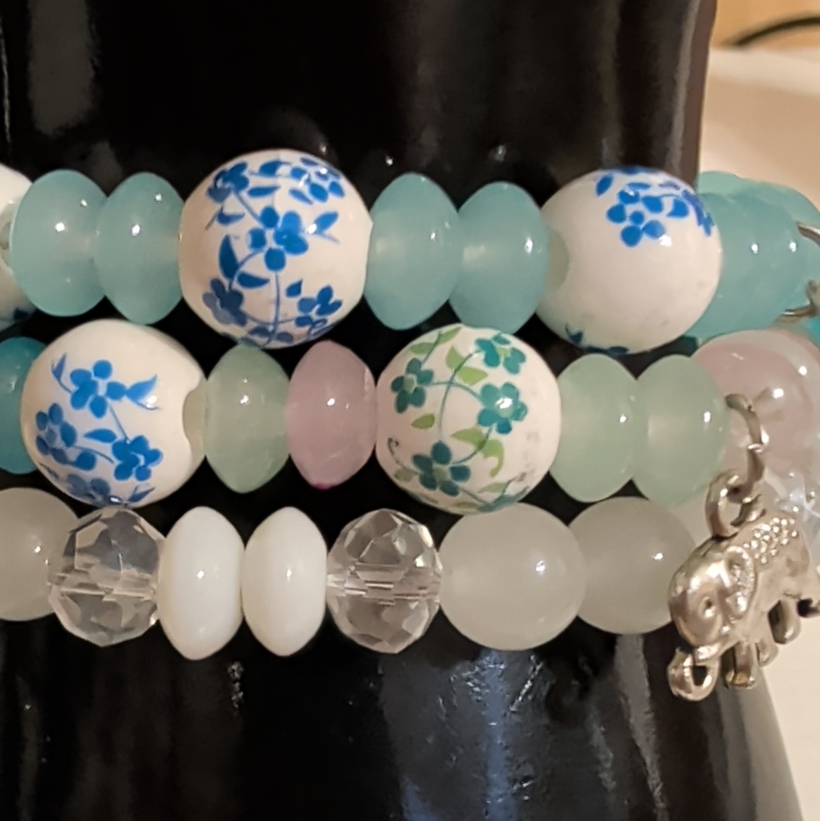 Multicolor Glass Round Beaded Stretch Stackable Bracelets w/ Elephant Dangle