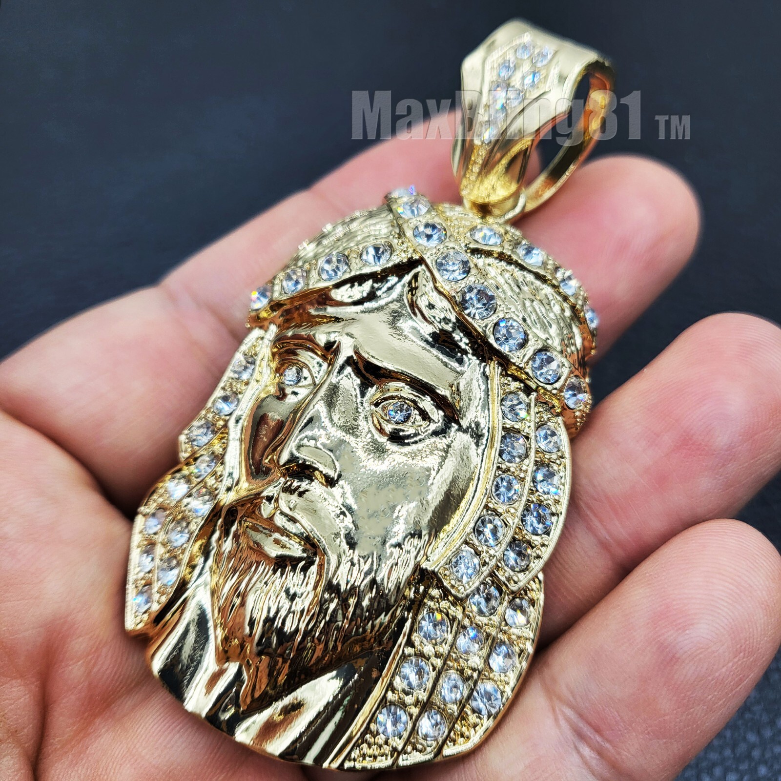 HIP HOP ICED GOLD PLATED LARGE JESUS HEAD CHARM CUBIC ZIRCONIA PENDANT JEWELRY