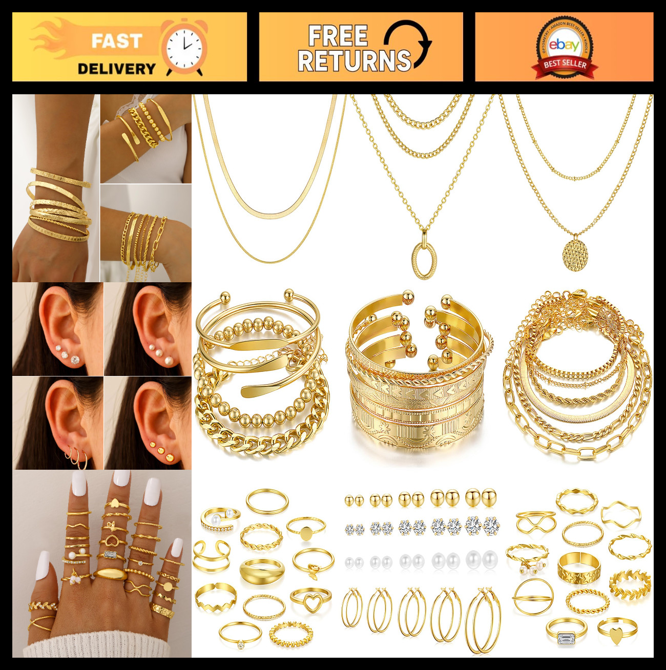 68 Pcs Women’s Gold Jewelry Set – Necklaces, Bracelets, Earrings & Rings Gift