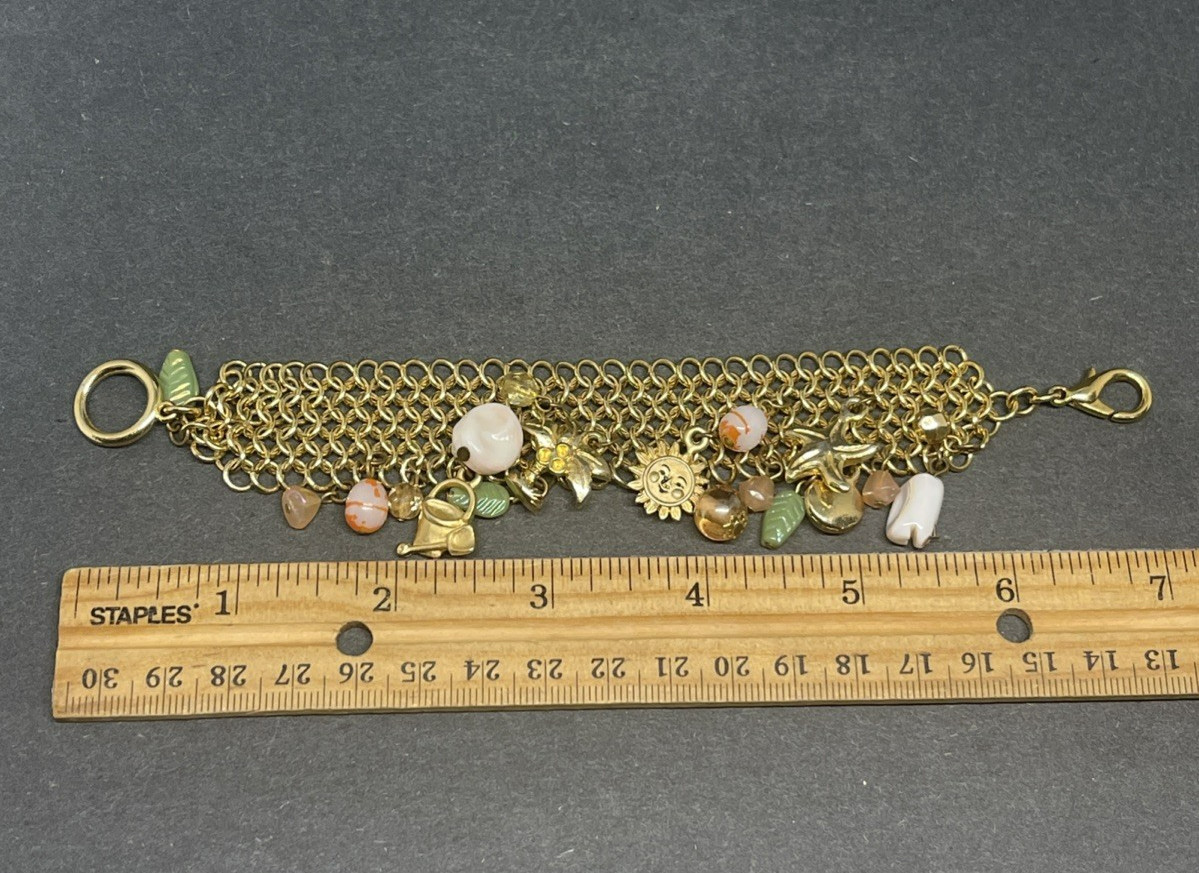 Vintage Gold Tone Beach Charm Mesh Chain Charm Bracelet Large Lobster Clasp 7″