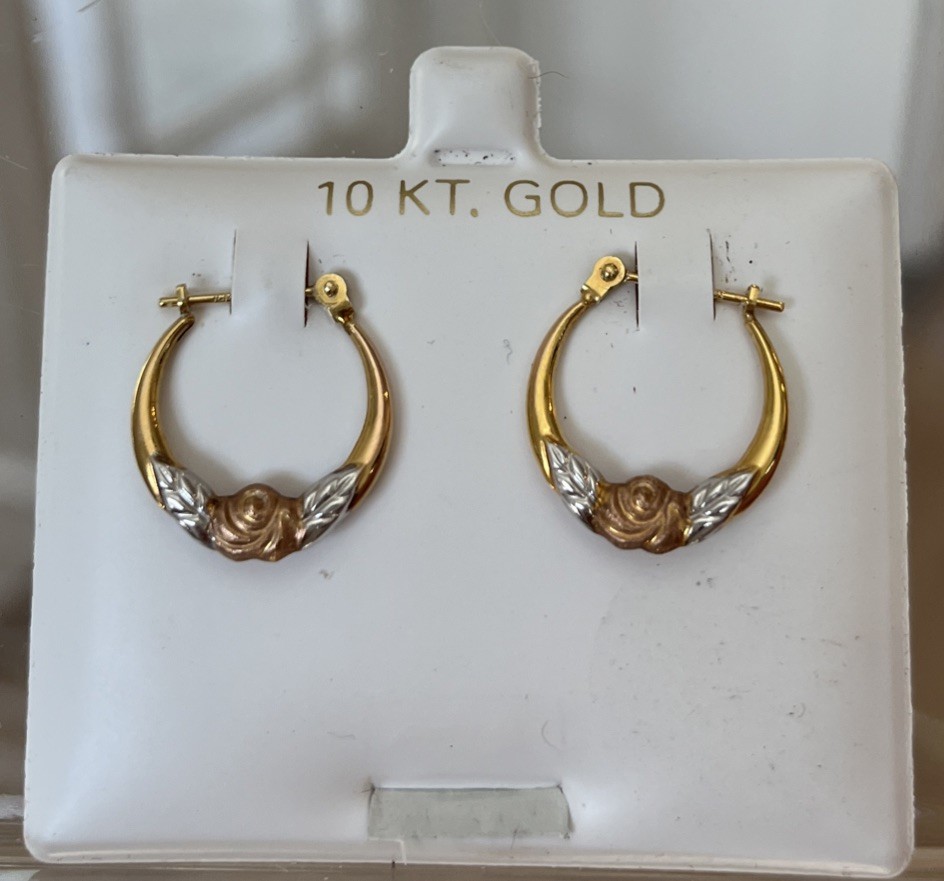 10K Yellow White Rose Gold Petite Hoop Earrings Floral Design Made Bolivia VTG